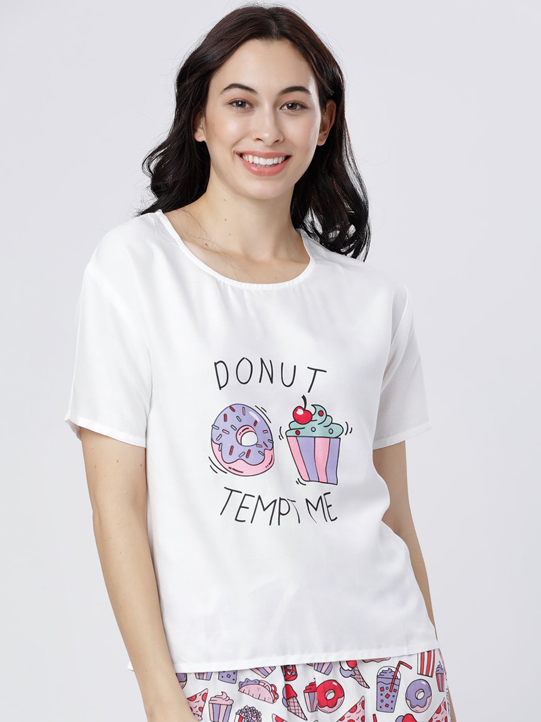 Tokyo Talkies  White Printed Lounge Top
