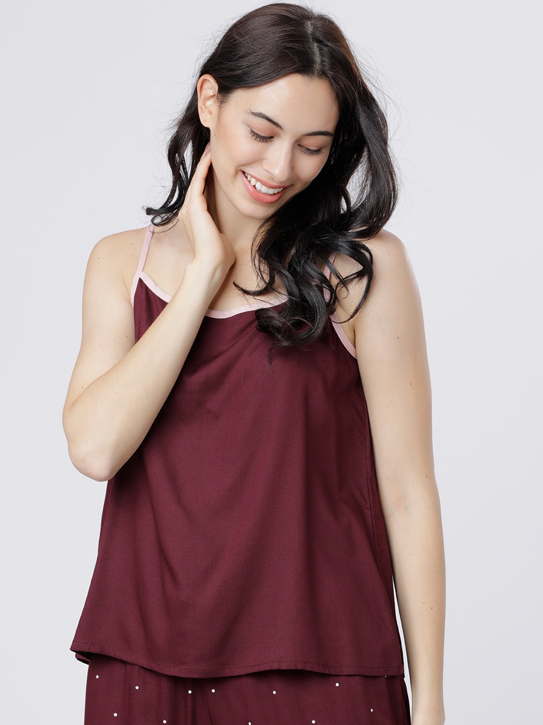 Tokyo Talkies Burgundy Solid Camisole Lounge Top