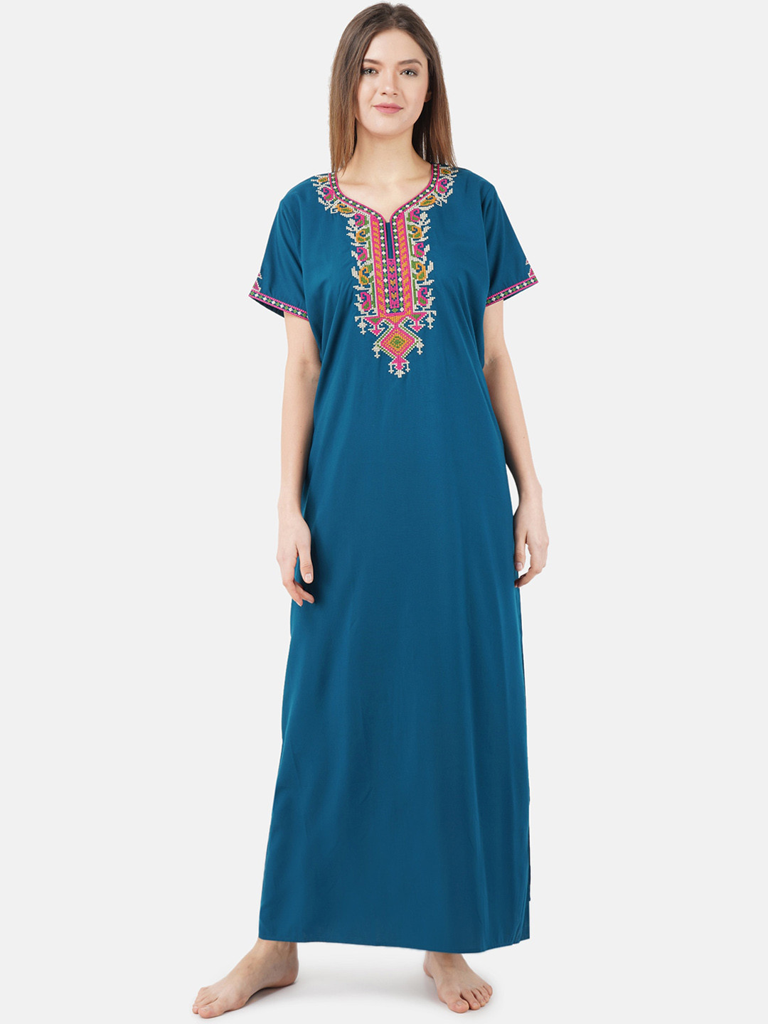 KOI SLEEPWEAR Teal Embroidered Cotton Maxi Nightdress