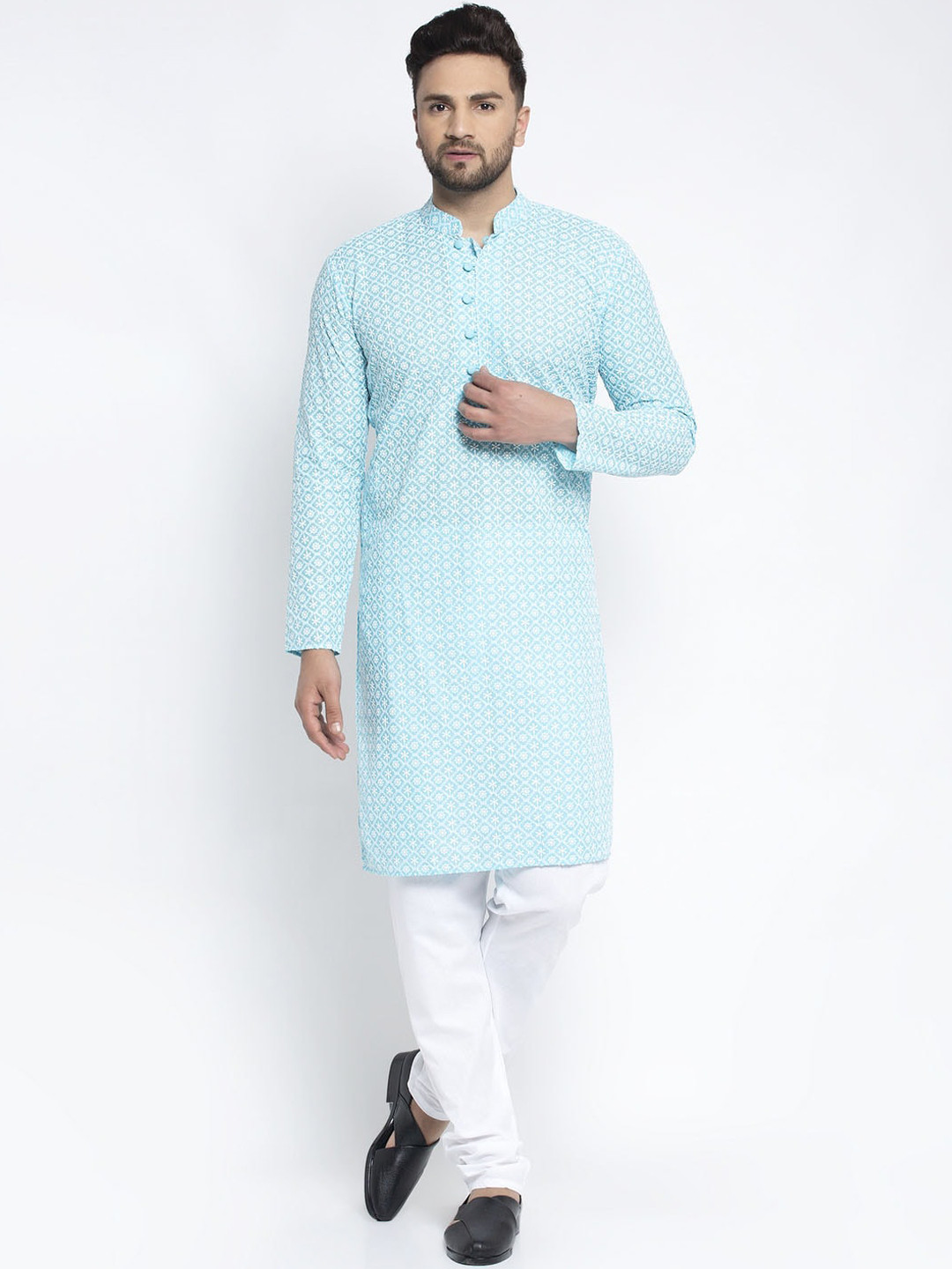 Jompers Men Turquoise Blue & White Embroidered Kurta with Pyjamas