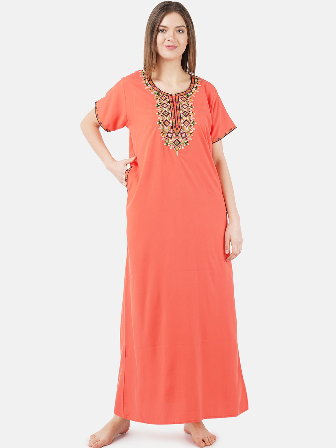KOI SLEEPWEAR Peach-Coloured Embroidered Lissybissy Cotton Maxi Nightdress
