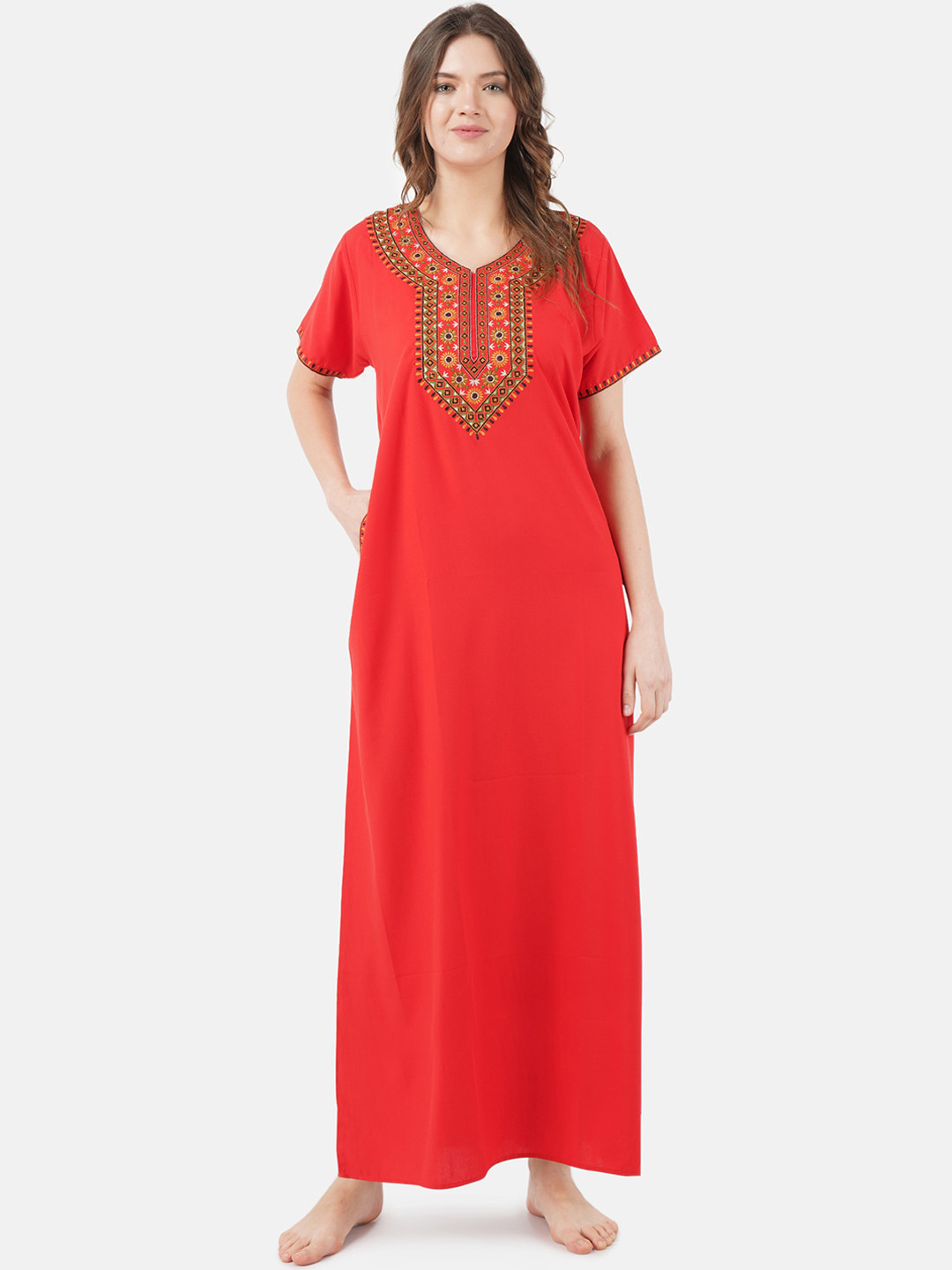 KOI SLEEPWEAR Red Embroidered Cotton Maxi Nightdress