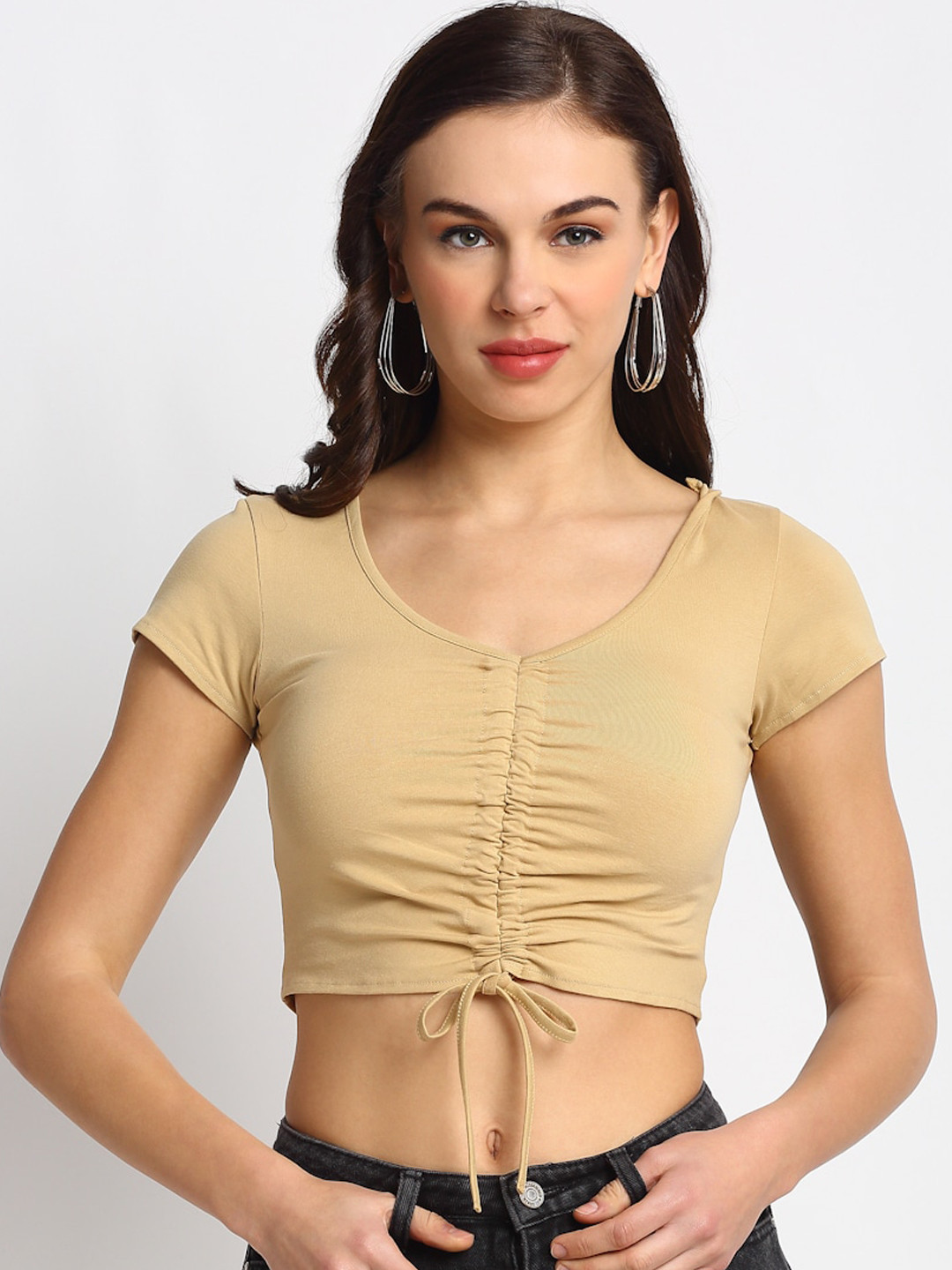 DOOR74 Beige Solid Crop Top