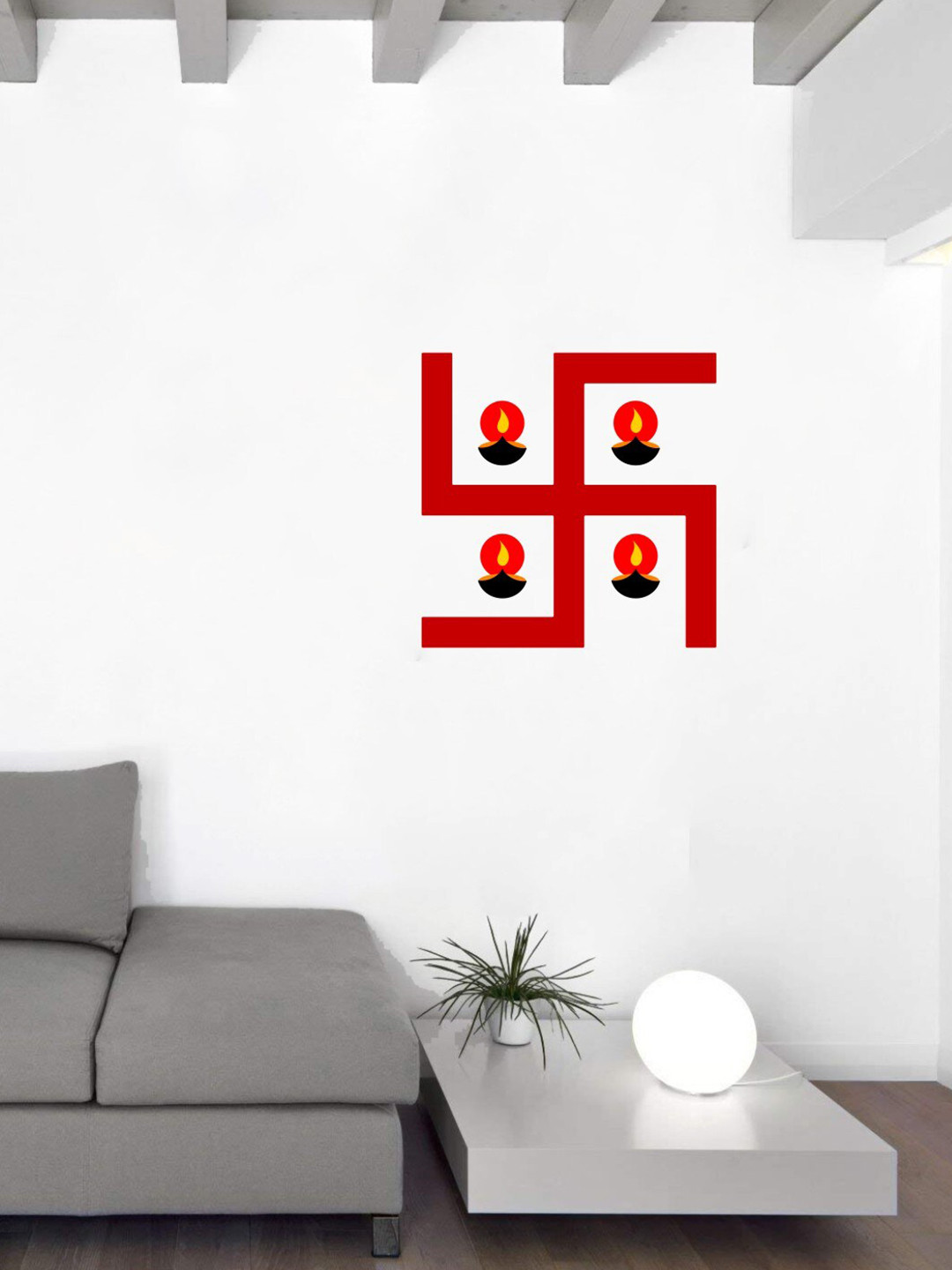 rawpockets Red & Yellow Swastik Sign With Lamps PVC Vinyl Wall Sticker