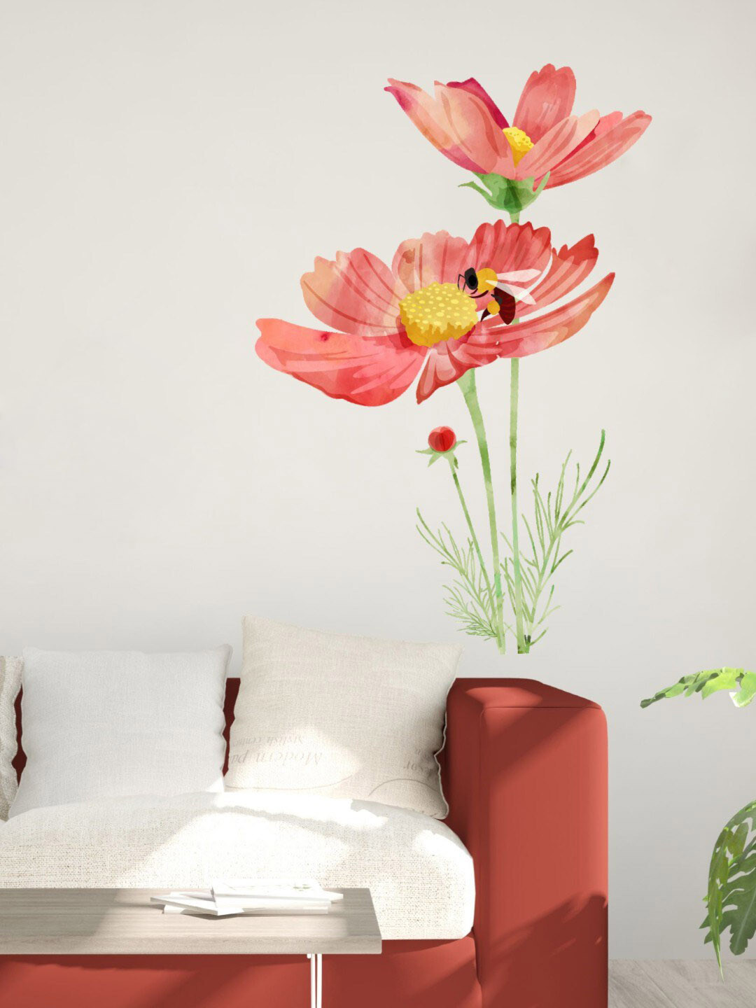 rawpockets Pink & Green Honey Bee On Red Flower Printed Wall Sticker