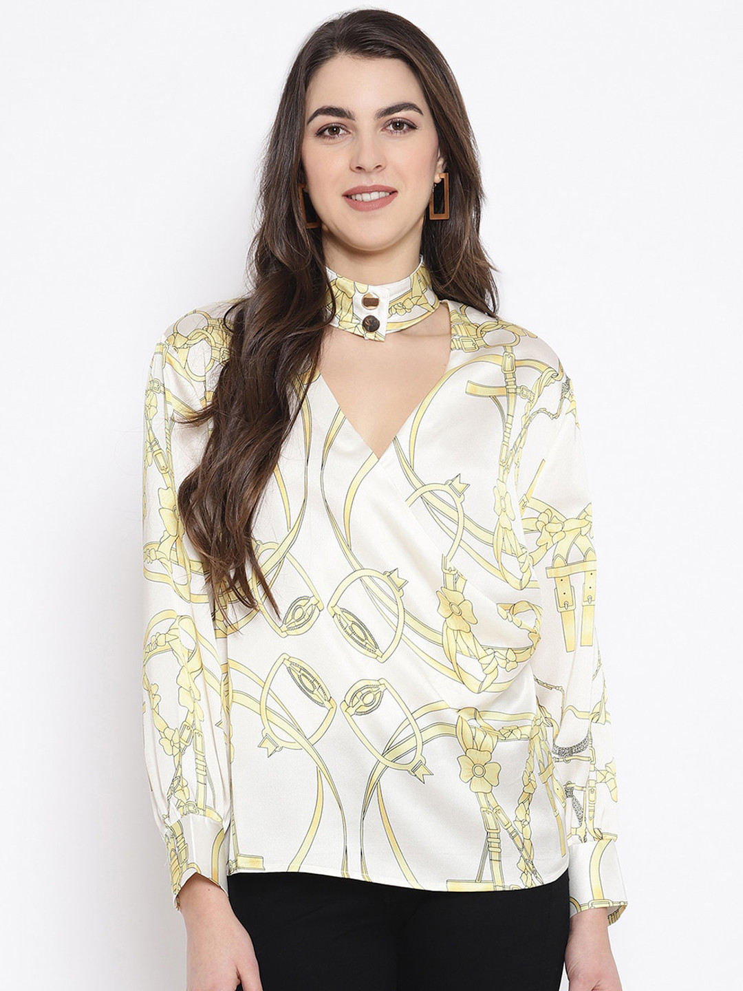 iki chic White Printed Choker Neck Wrap Top