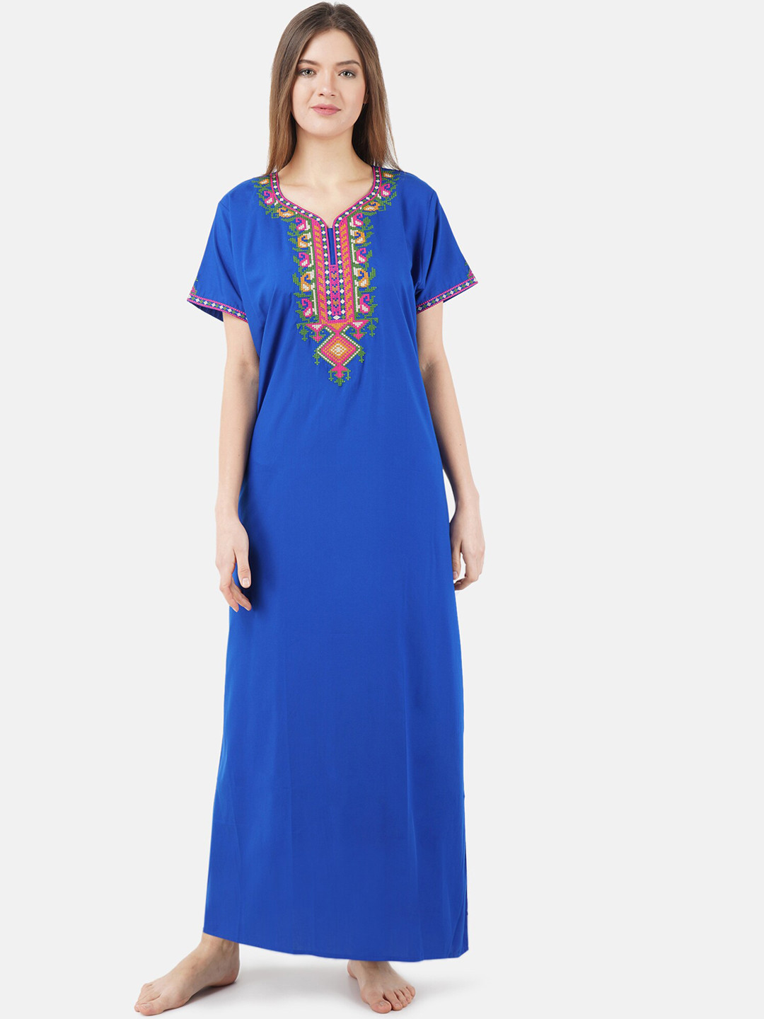 KOI SLEEPWEAR Blue & Green Embroidered Cotton Nightdress