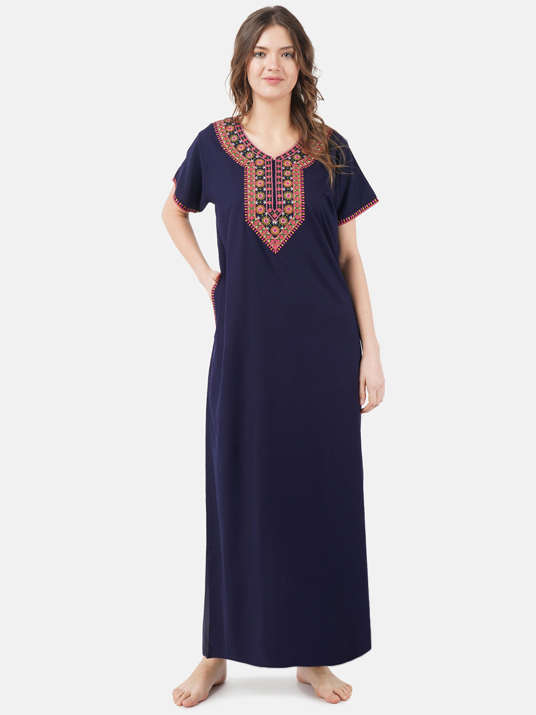 KOI SLEEPWEAR Navy Blue & Pink Embroidered Lissybissy Cotton Maxi Nightdress