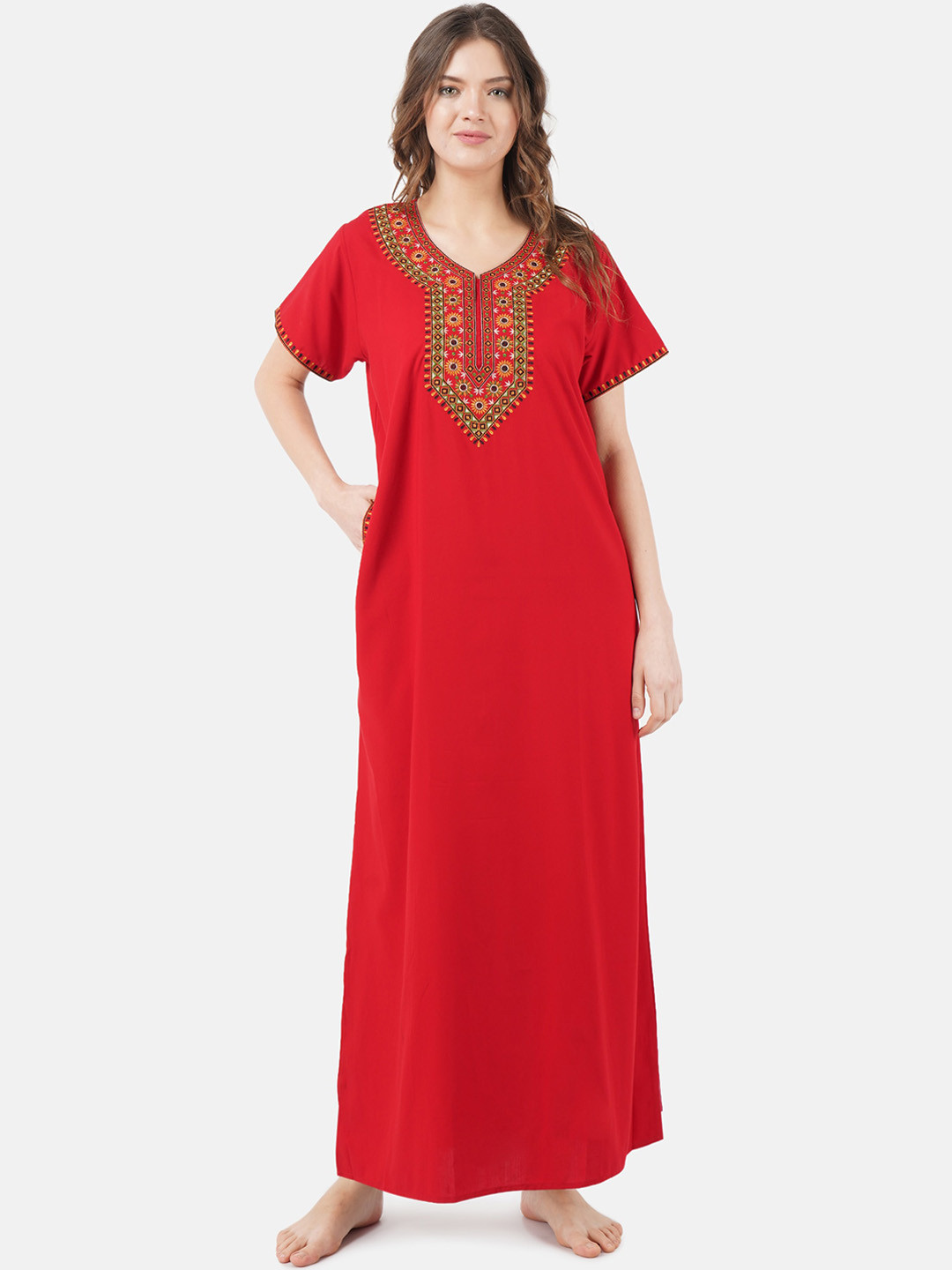 KOI SLEEPWEAR Red & Yellow Embroidered Cotton Maxi Nightdress