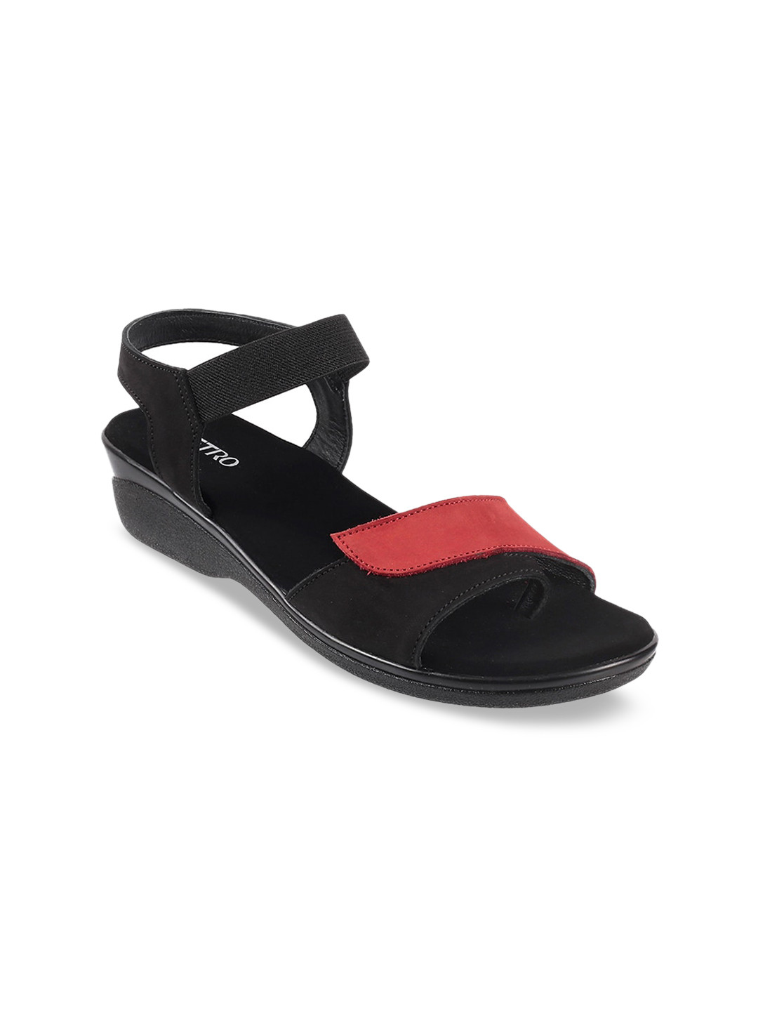 Metro Women Black Colourblocked Leather Wedges