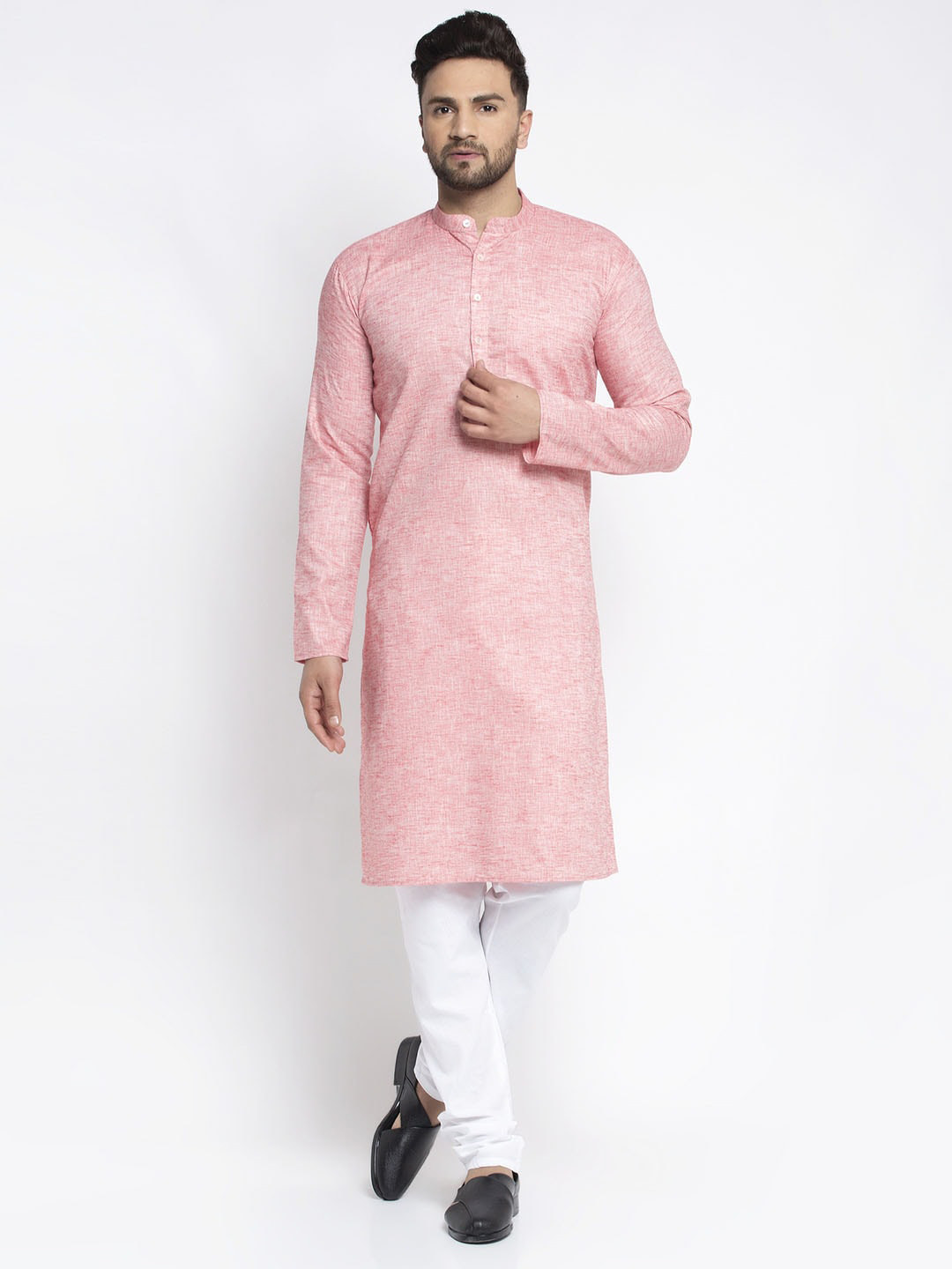 Jompers Men Coral Pink & White Self Design Kurta with Pyjamas