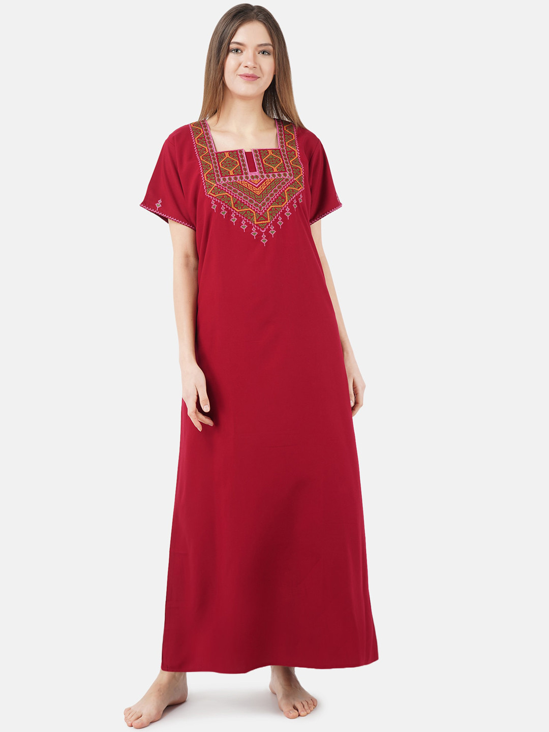 KOI SLEEPWEAR Maroon & Green Embroidered Cotton Nightdress
