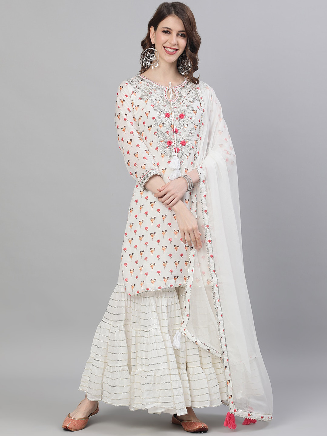 Ishin Women White Printed Kurta with Sharara & Dupatta