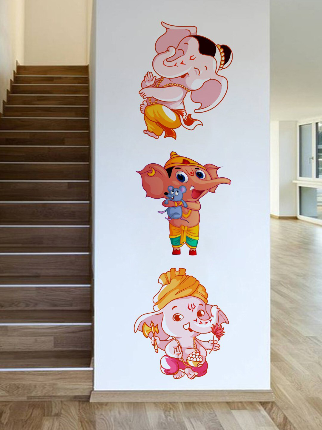 rawpockets Pink & Yellow Lord Baby Ganesha Tri Combo PVC Vinyl Wall Sticker