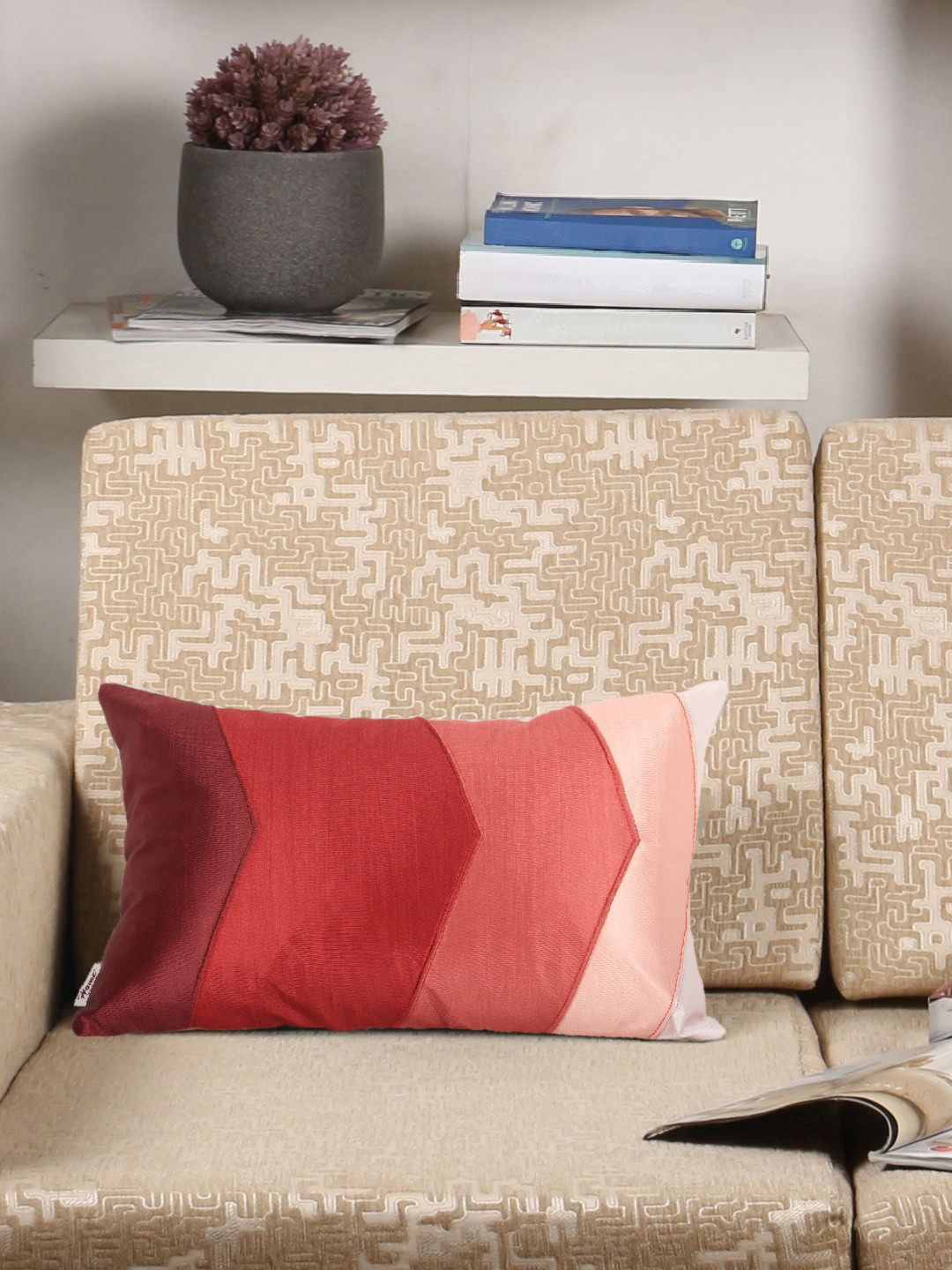 Home Maroon & Peach-Coloured Set of Single Striped Rectangle Cushion Covers