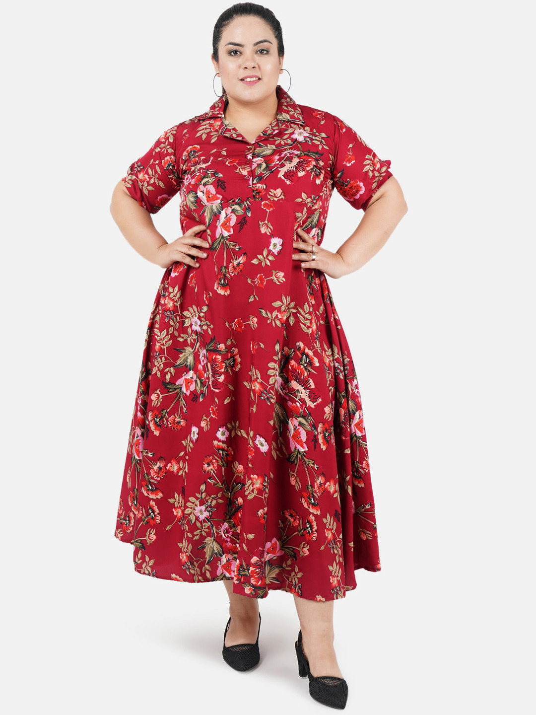 Indietoga Women Maroon & Green Floral Printed Plus Size Maxi Dress
