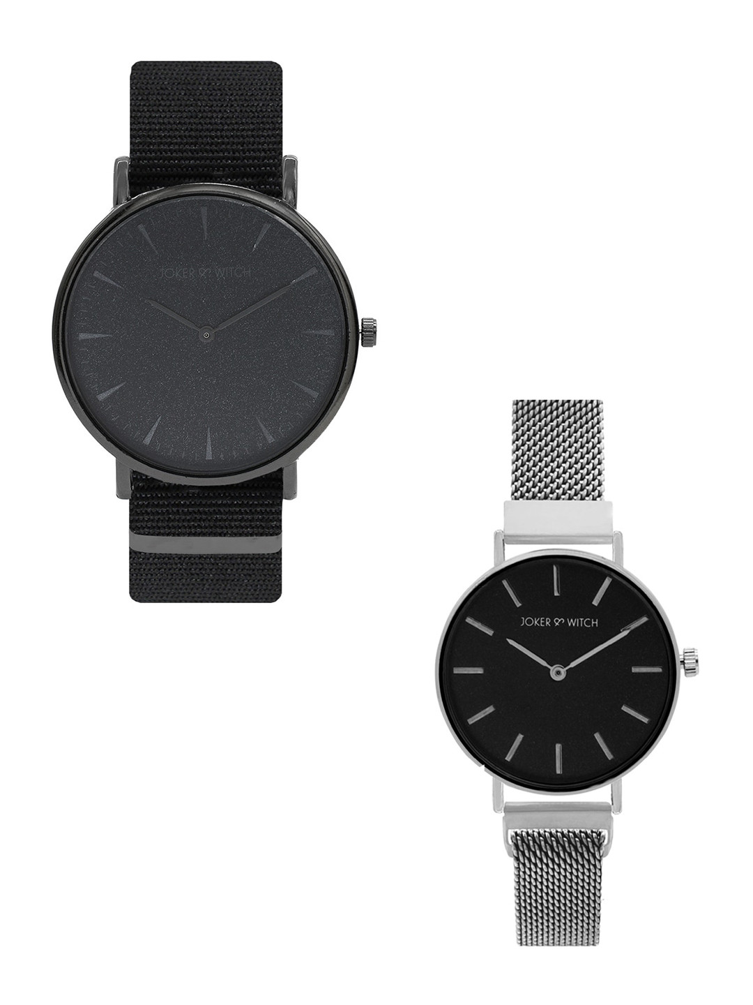 JOKER & WITCH Unisex Black & Silver-Toned Mike & Tina Couple Watch Gift Set JWCW193