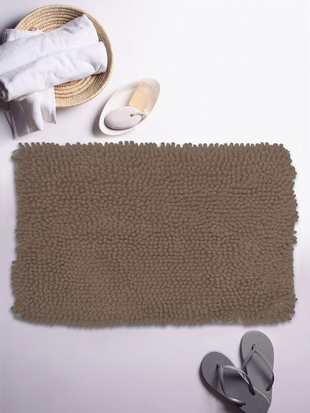 BIANCA Brown Solid Shaggy Anti-Skid Bath Rug
