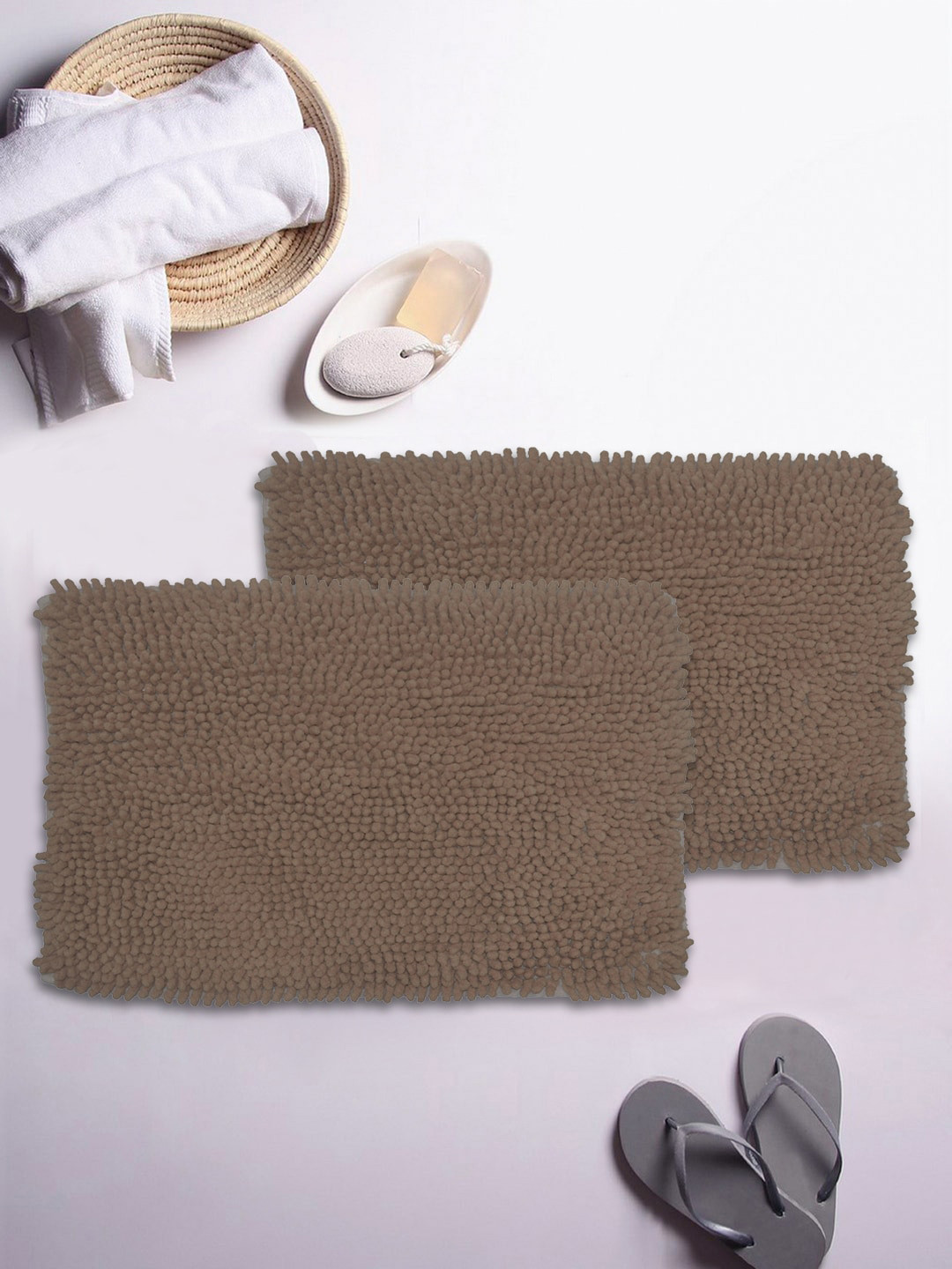 BIANCA Set Of 2 Brown Mushroom Texture Non-Slip Shaggy Bath Rugs