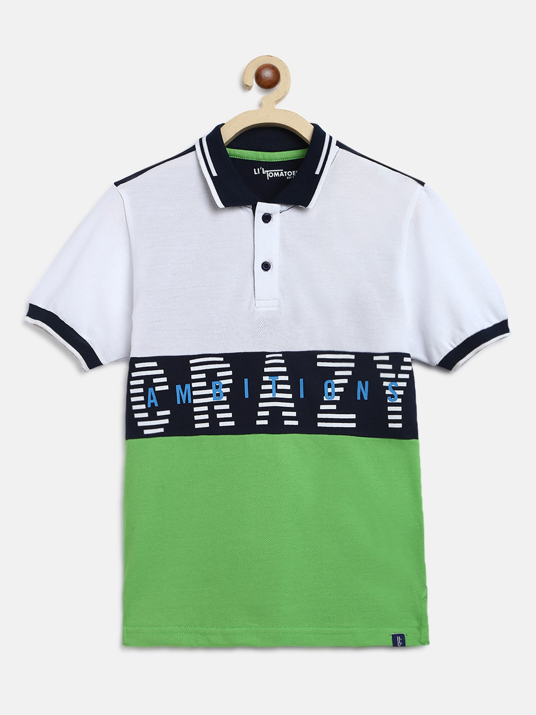 Lil Tomatoes Boys White & Green Colourblocked Polo Collar T-shirt WIth A Pen