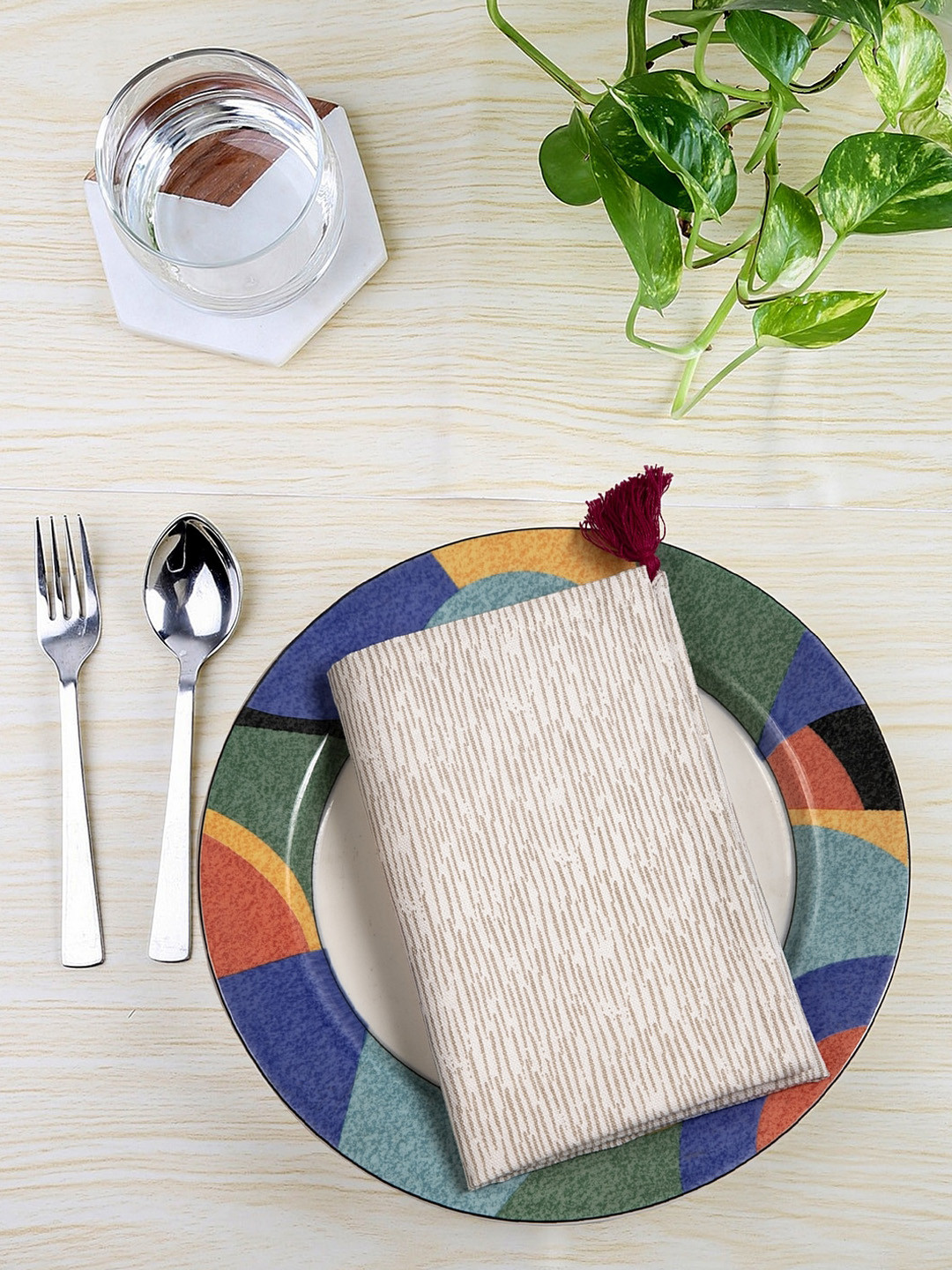 BLANC9 Set Of 6 Beige & White Printed Table Napkins