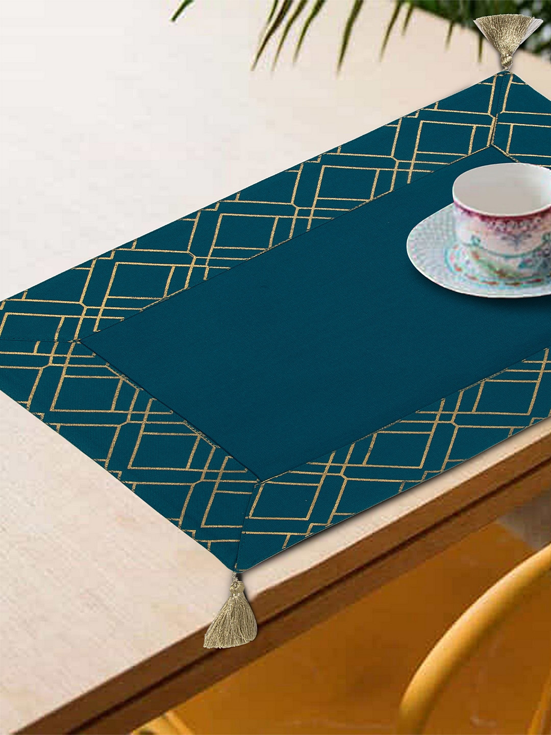 BLANC9 Set of 8 Teal Blue & Gold-Toned Foil Printed Table Placemats