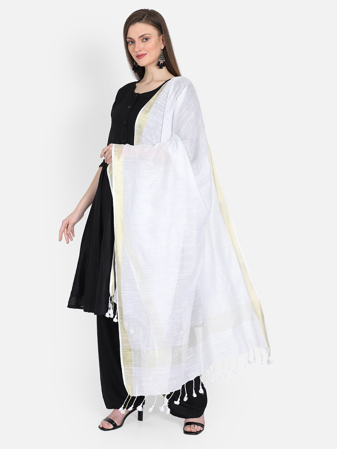 THE WEAVE TRAVELLER White & Gold-Toned Woven Design Cotton Blend Dupatta