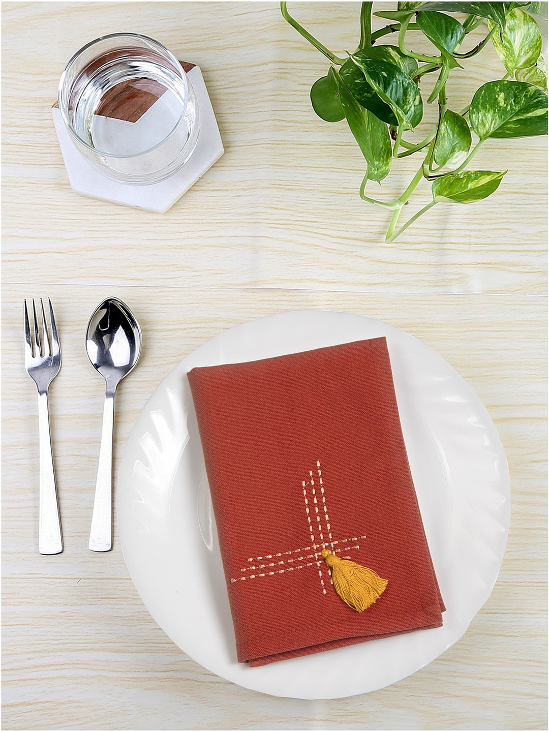 BLANC9 Set of 6 Maroon & Yellow Embroidered Table Napkins