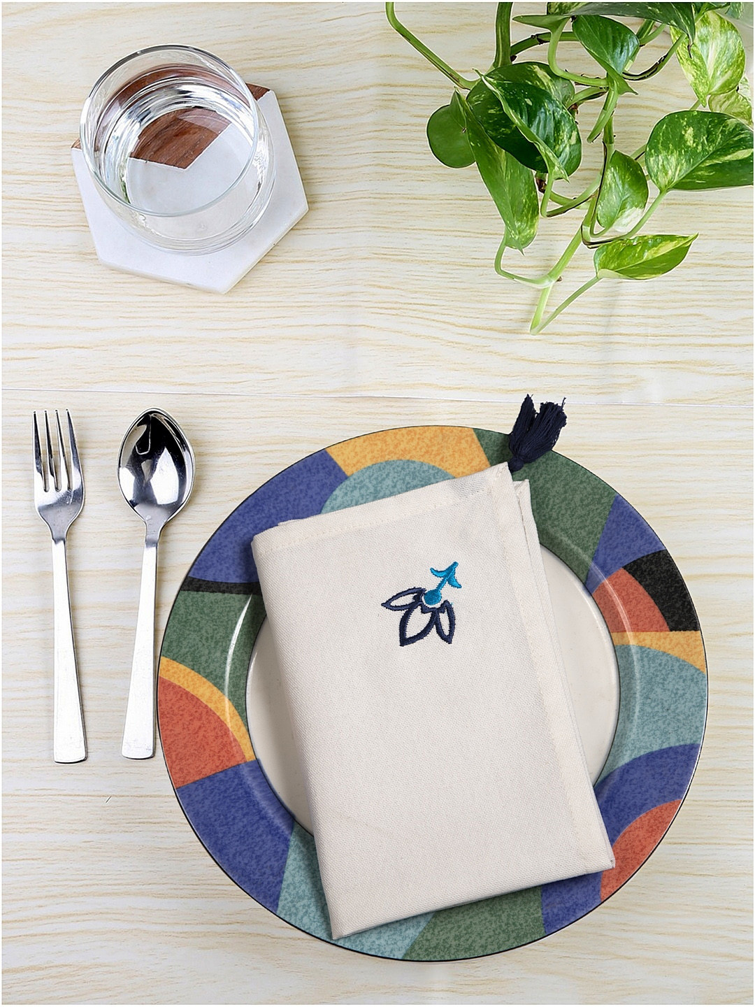 BLANC9 Set of 6 Off- White Lotus Embroidered Table Napkin