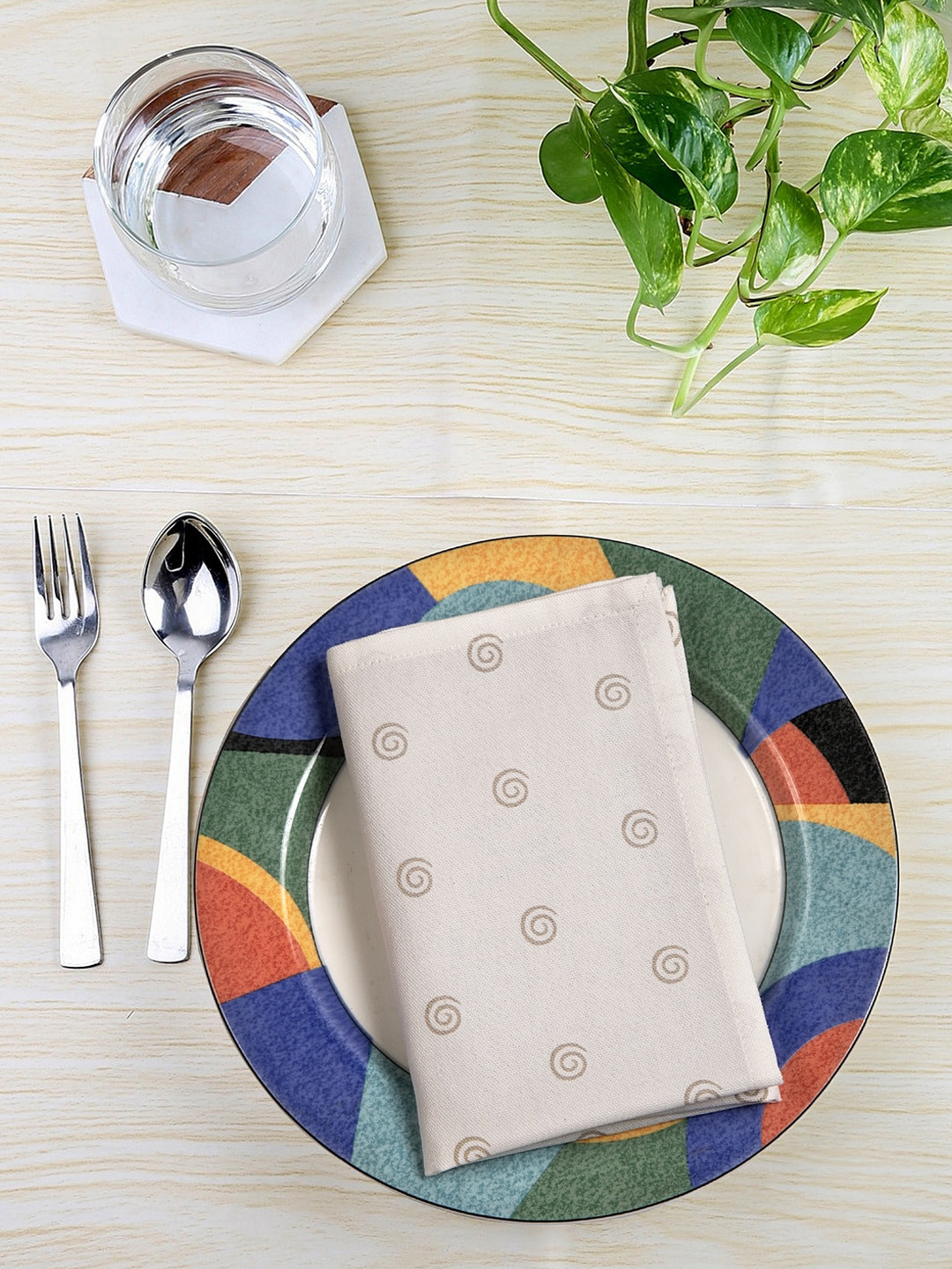 BLANC9 Set of 8 Beige & Brown Printed Table Napkins