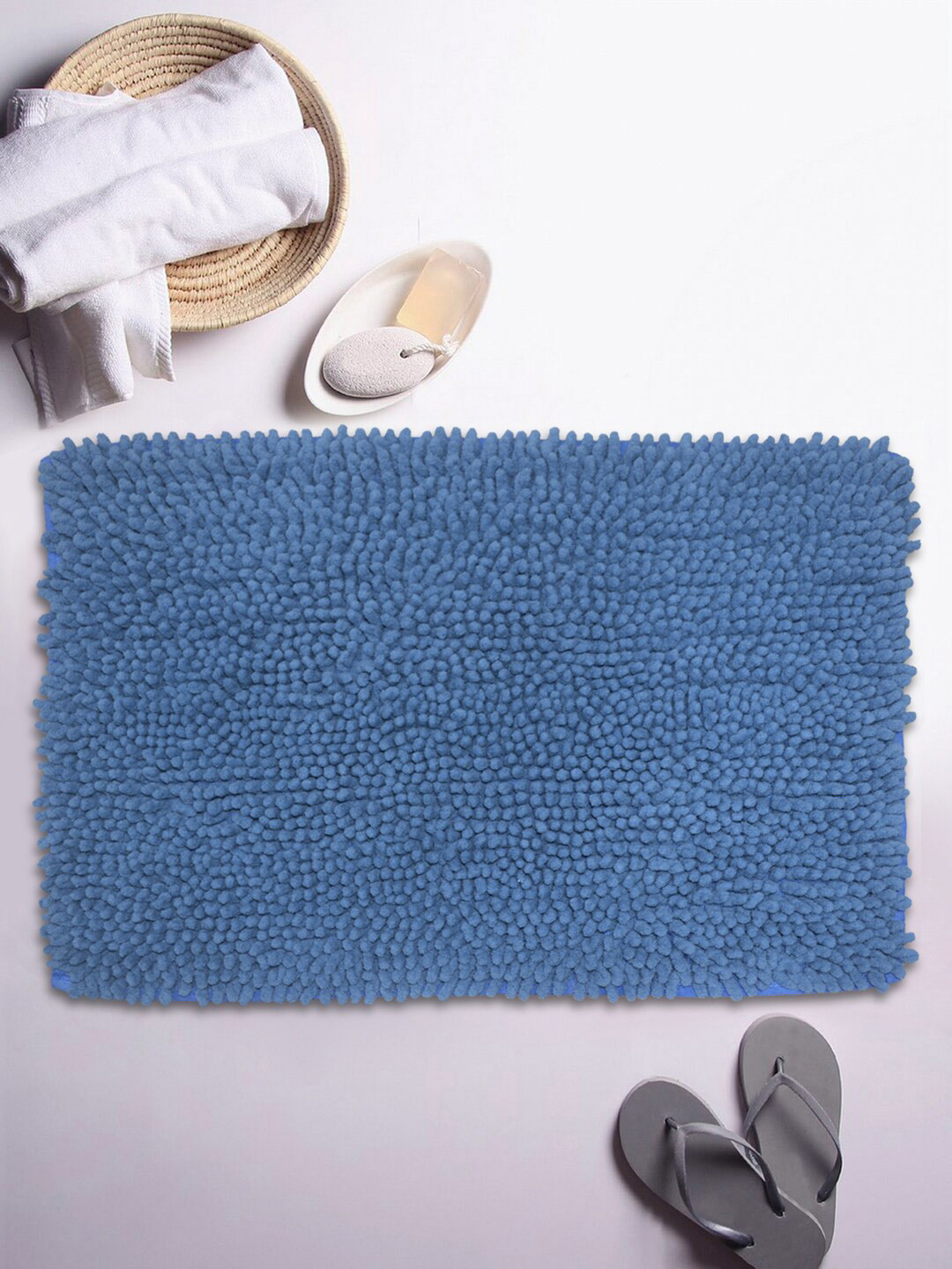 BIANCA Blue Mushroom Textured Shaggy Anti-Skid Bath Rug