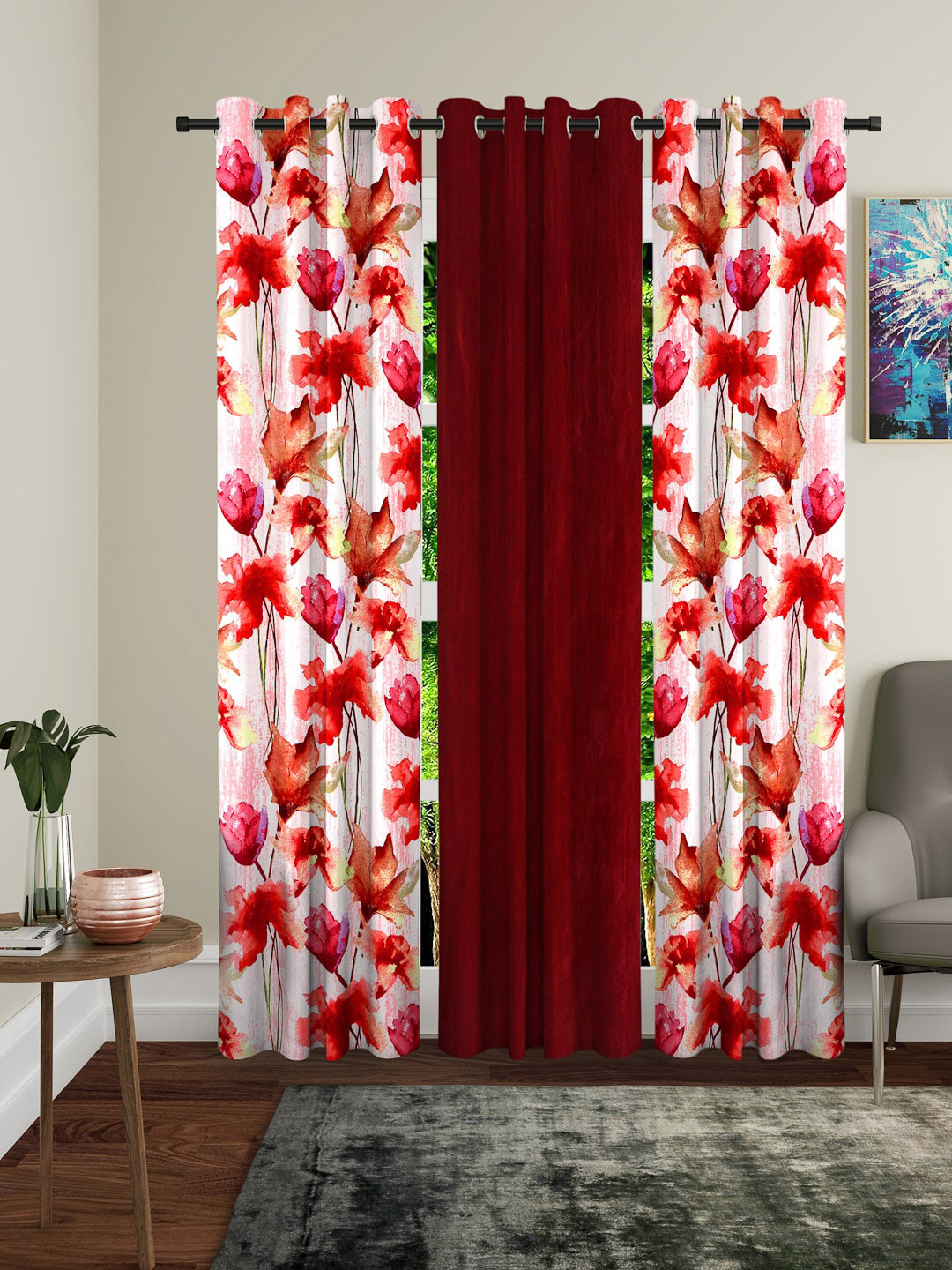 Home Sizzler Maroon & Coral Set of 3 Curtains