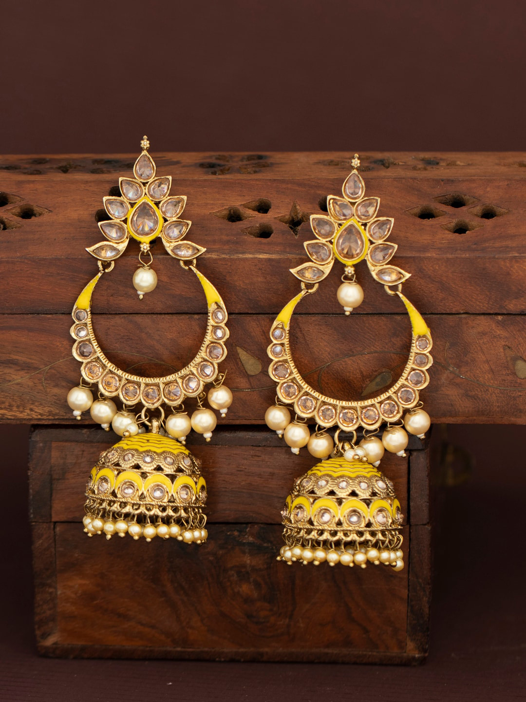 Sukkhi & Gold-Plated & Yellow Pearl Classic Jhumkas