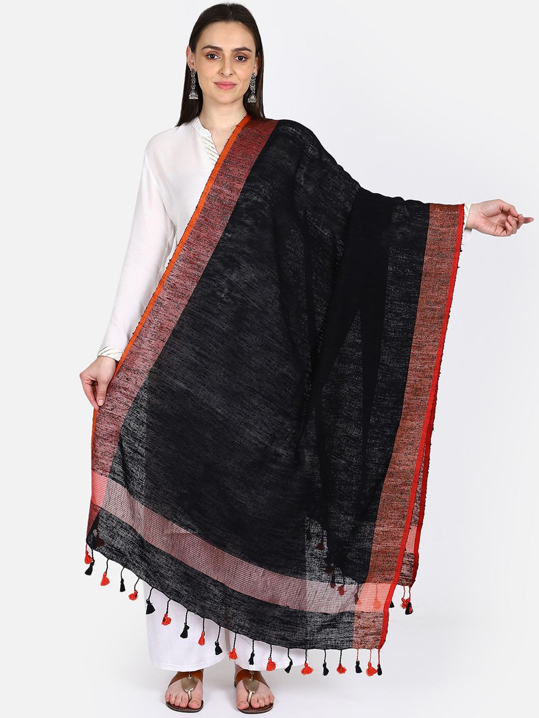 THE WEAVE TRAVELLER Black & Orange Woven Design Dupatta