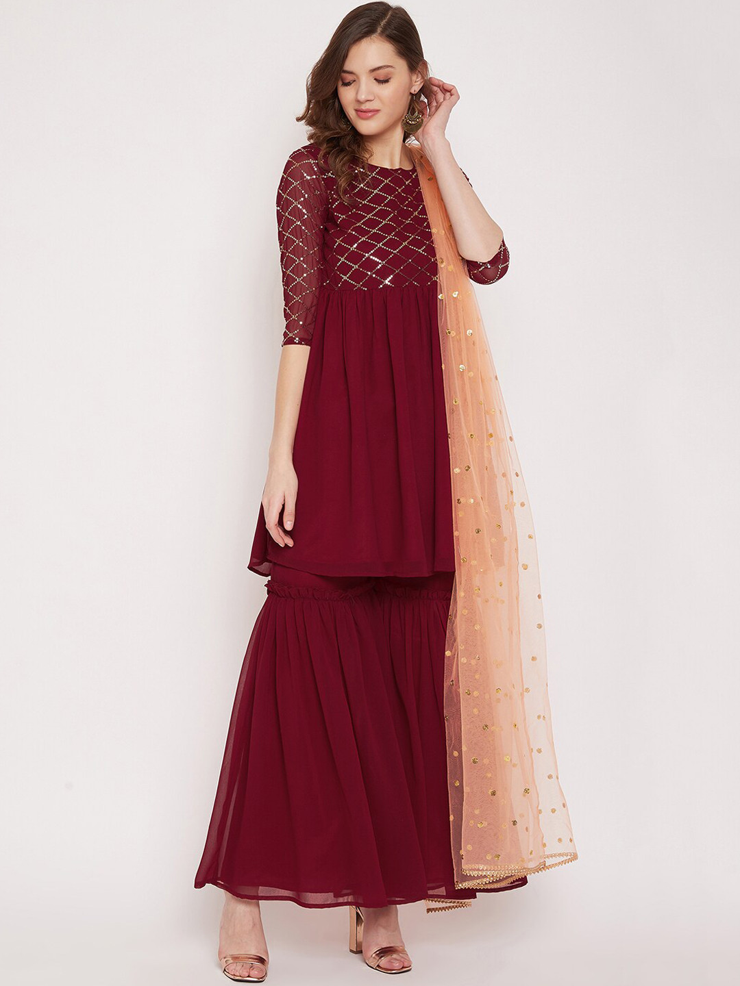 PANIT Women Maroon Solid Kurti with Sharara & Dupatta