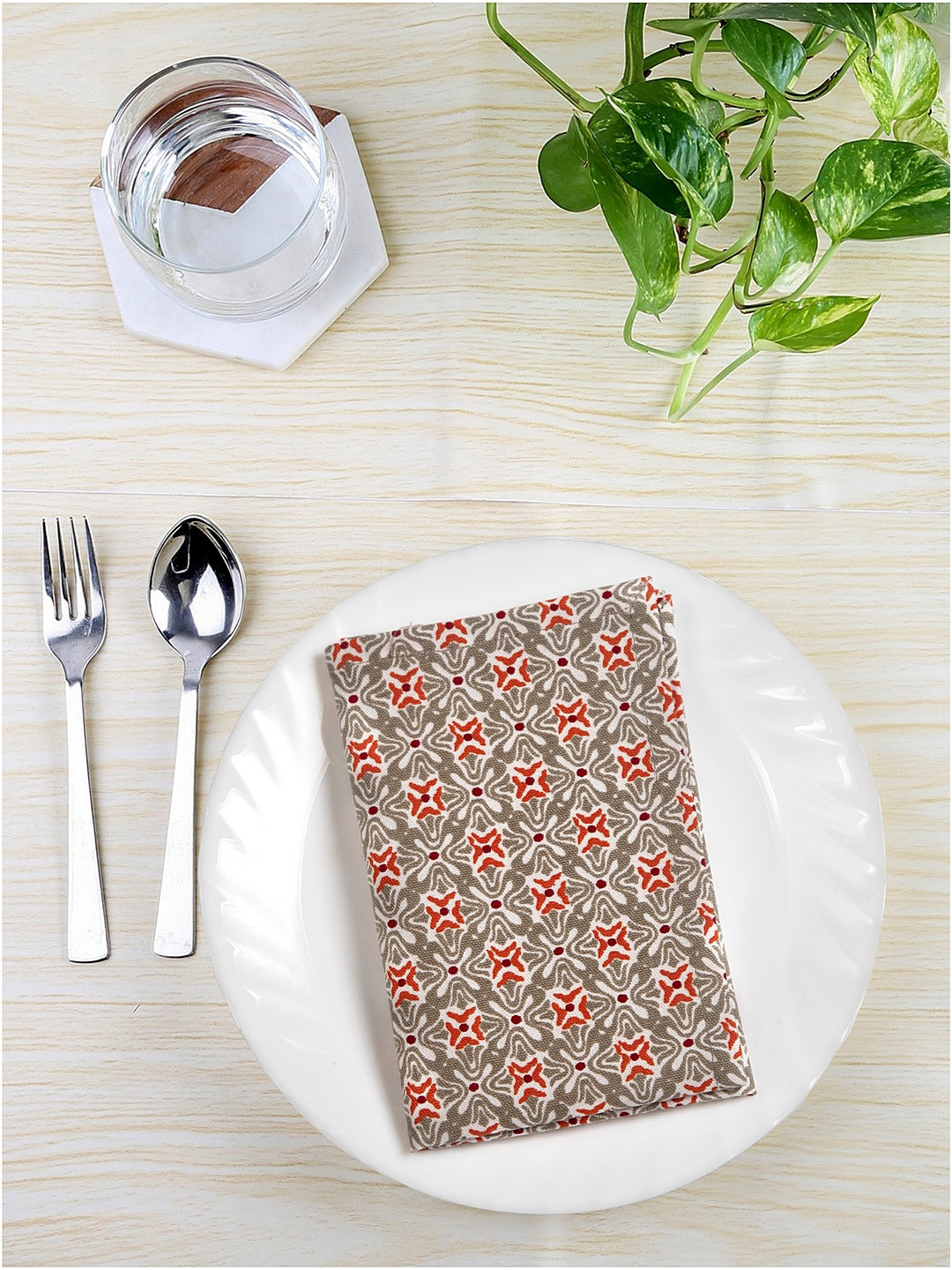 BLANC9 Set Of 6 Red & Grey Printed Table Napkins