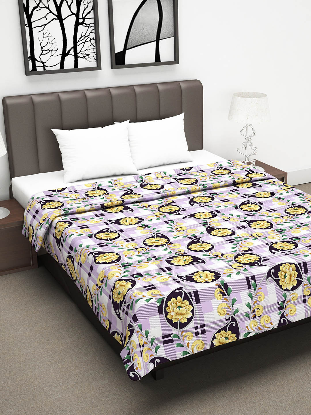 Divine Casa Yellow & Lavender Floral AC Room 150 GSM Double Bed Dohar