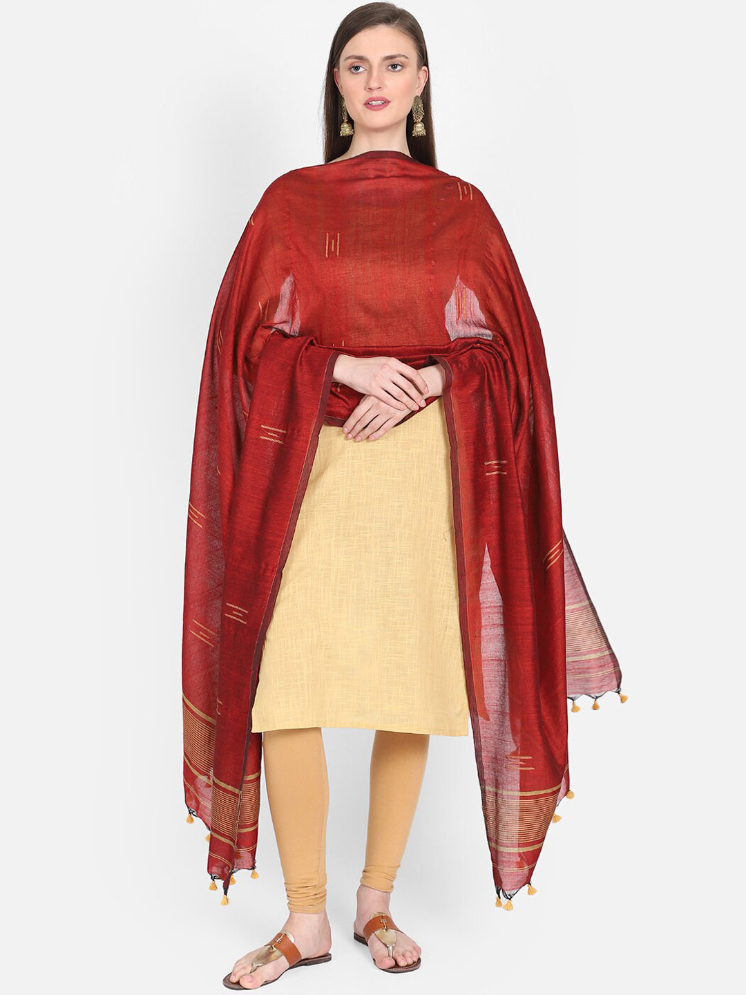 THE WEAVE TRAVELLER Red & Gold-Toned Hand Woven Design Sustainable Dupatta