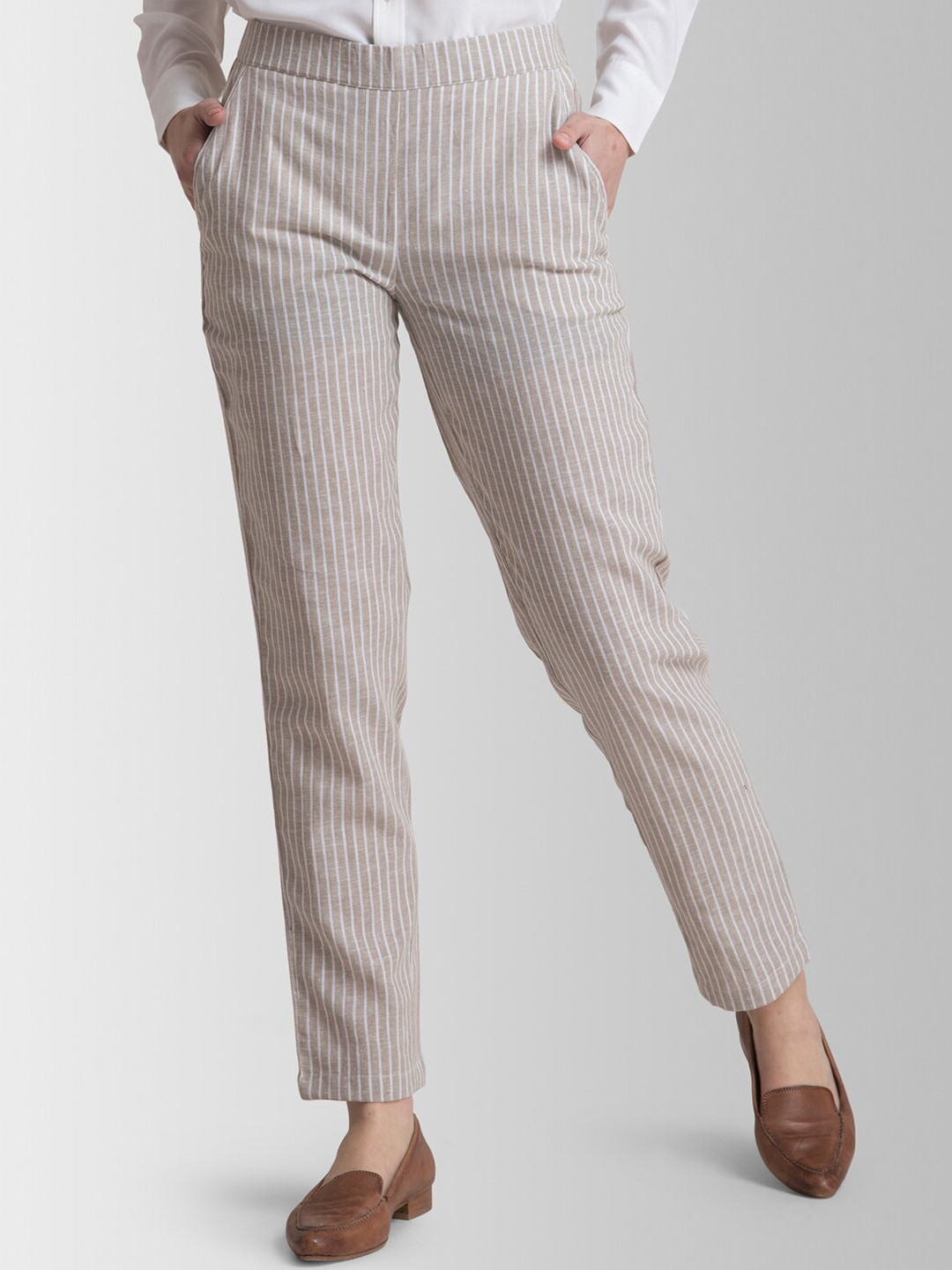 FABLE STREET Women Beige Slim Fit Striped Formal Trousers