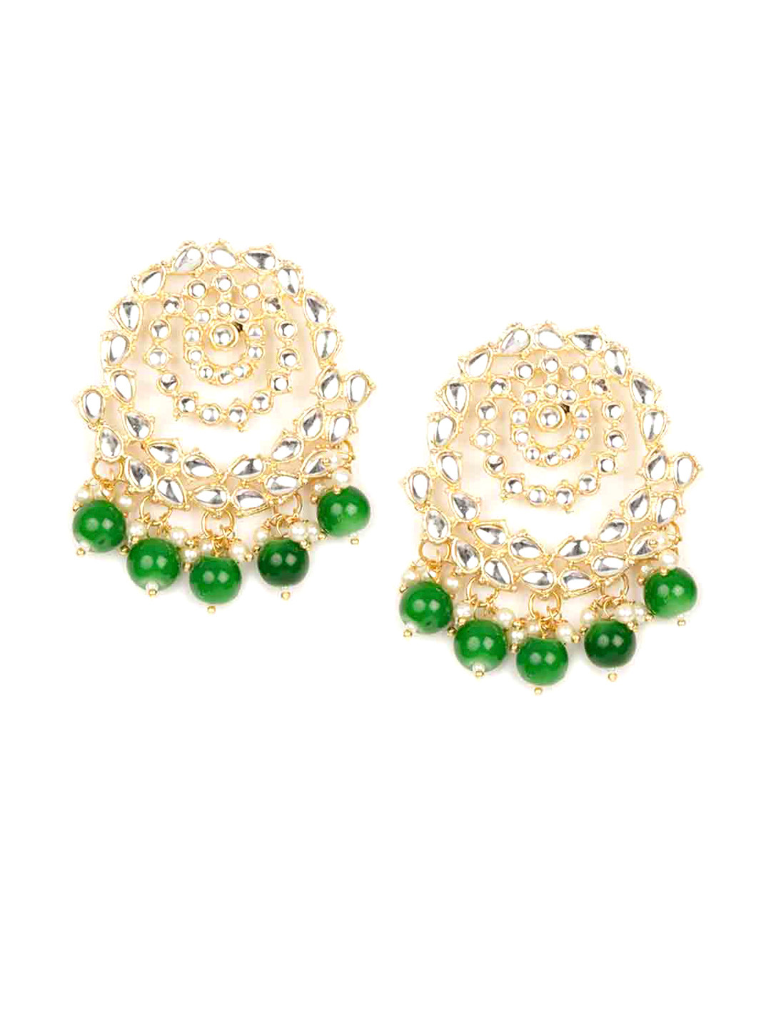 NAMASYA Green & Gold-Plated Kundan Classic Chandbalis