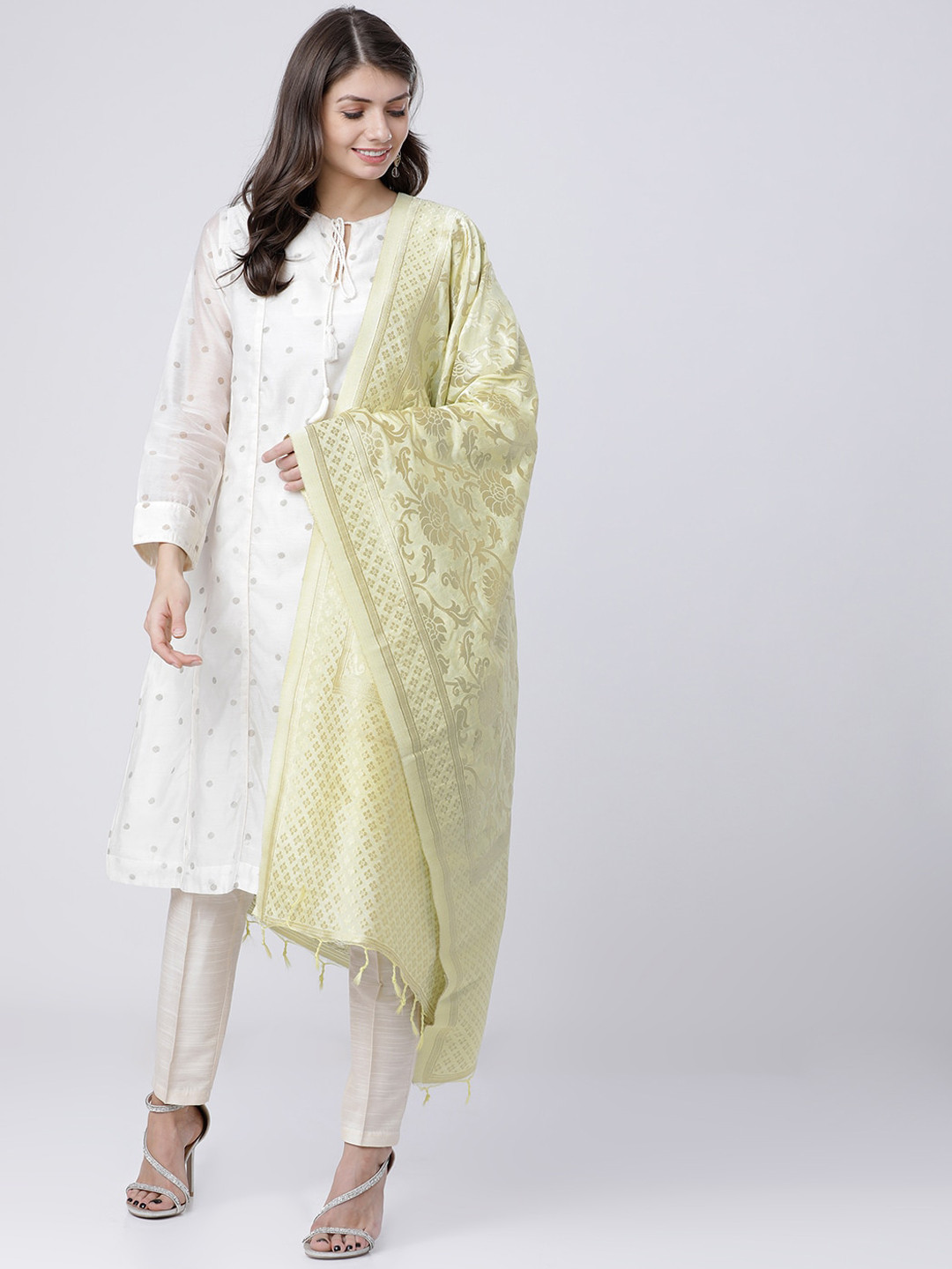 Vishudh Green & Cream-Coloured Woven Design Dupatta