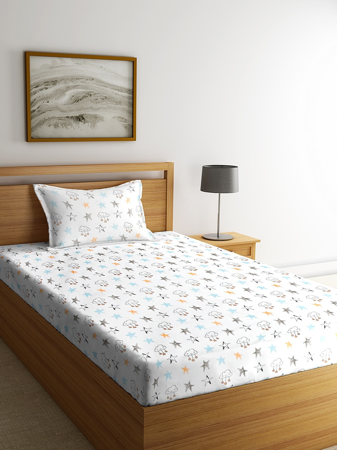 BLANC9 White Conversational Cotton 300 TC Fitted Single Fine Bedsheet with a Pillow Cover-89 x 59 inches