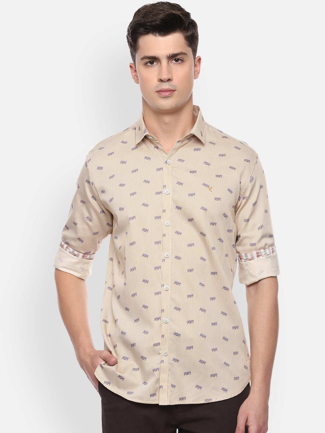 Van Heusen  Men Beige & Purple Slim Fit Printed Casual Shirt
