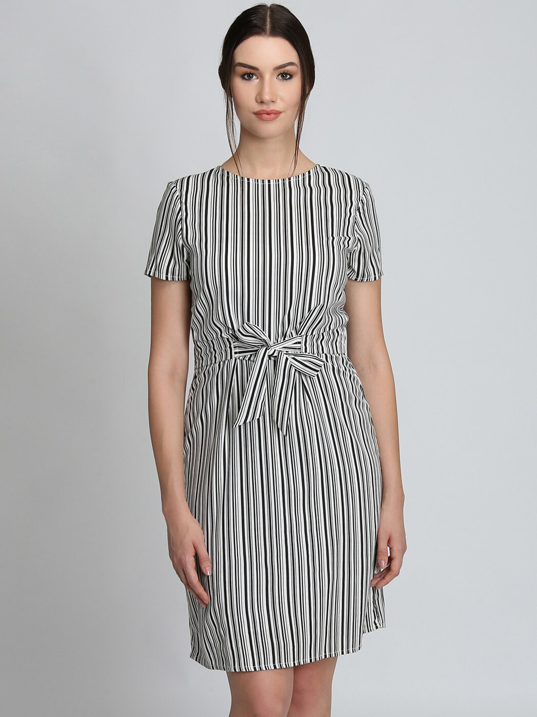 DODO & MOA Women White & Black Striped Knee Length Sheath Dress