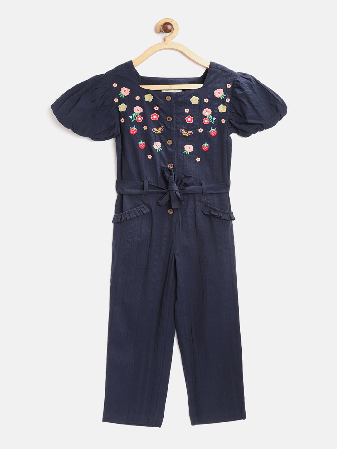Cherry Crumble Girls Navy Blue & Pink Floral Embroidered Basic Jumpsuit