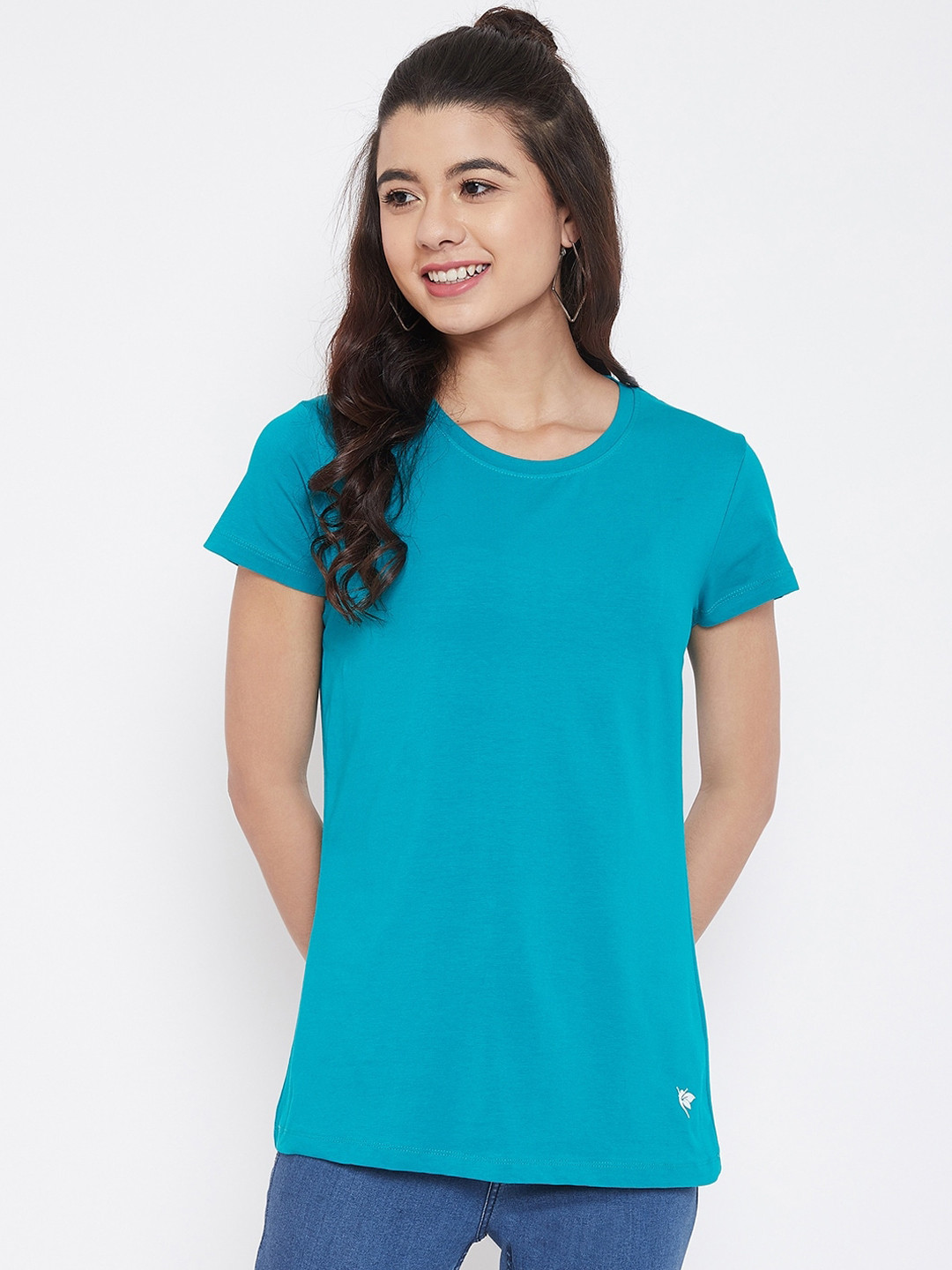 Camey Women Teal Solid Round Neck T-shirt