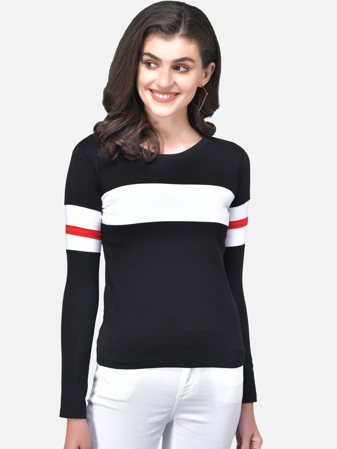 The Dry State Women Black & White Colorblocked Round Neck Tshirt