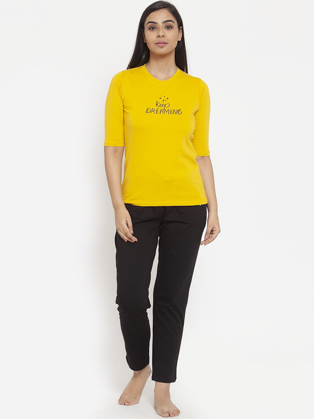 Boston Club Women Yellow & Black Solid Night Suit