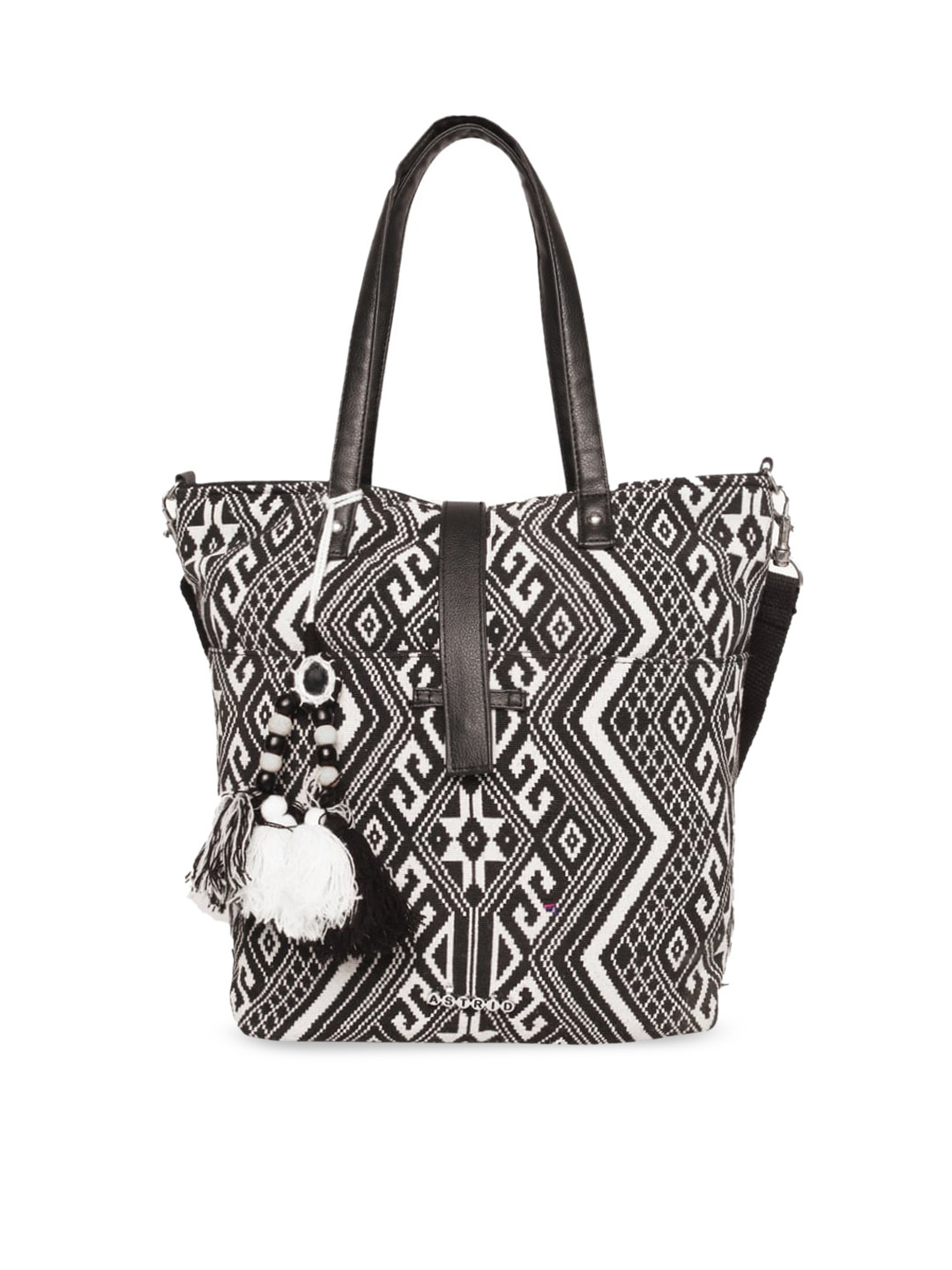 ASTRID Black Self Design Tote Bag