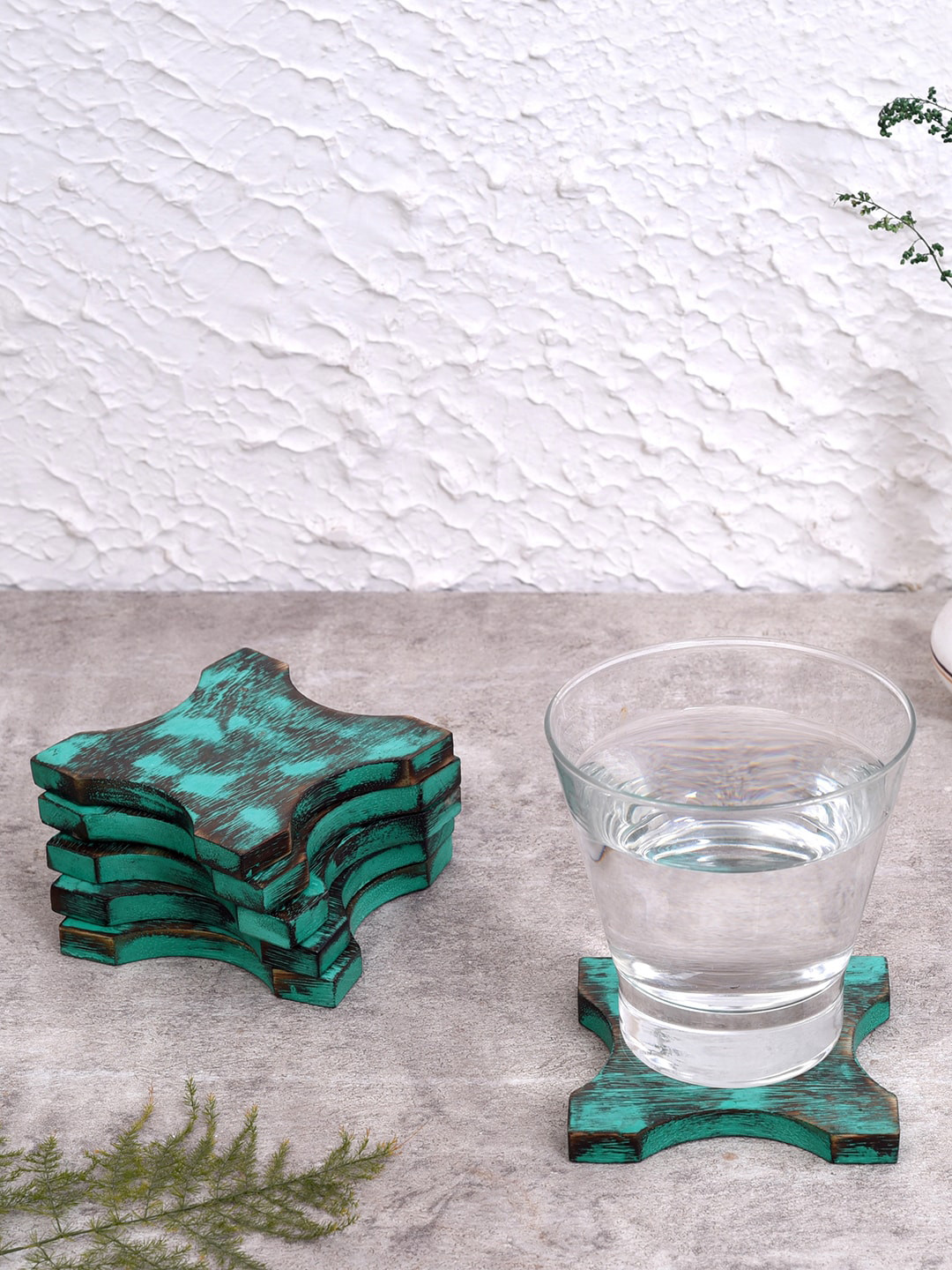 Unravel India Set Of 6 Blue & Black Antique Finish Wooden Coasters